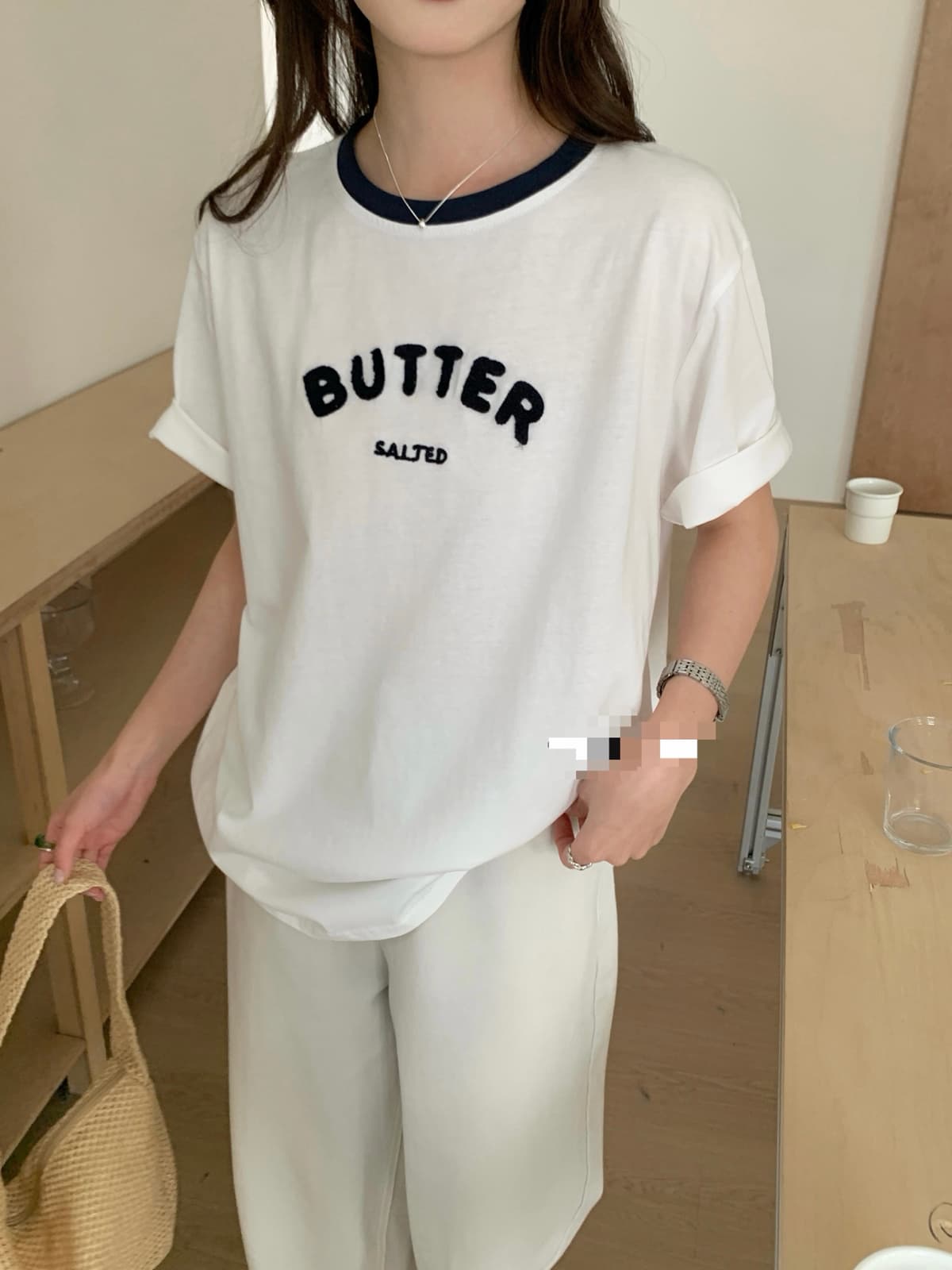 Butter T-shirt) Lettering Color Block Round Short Sleeve T-shirt - 이미지 8
