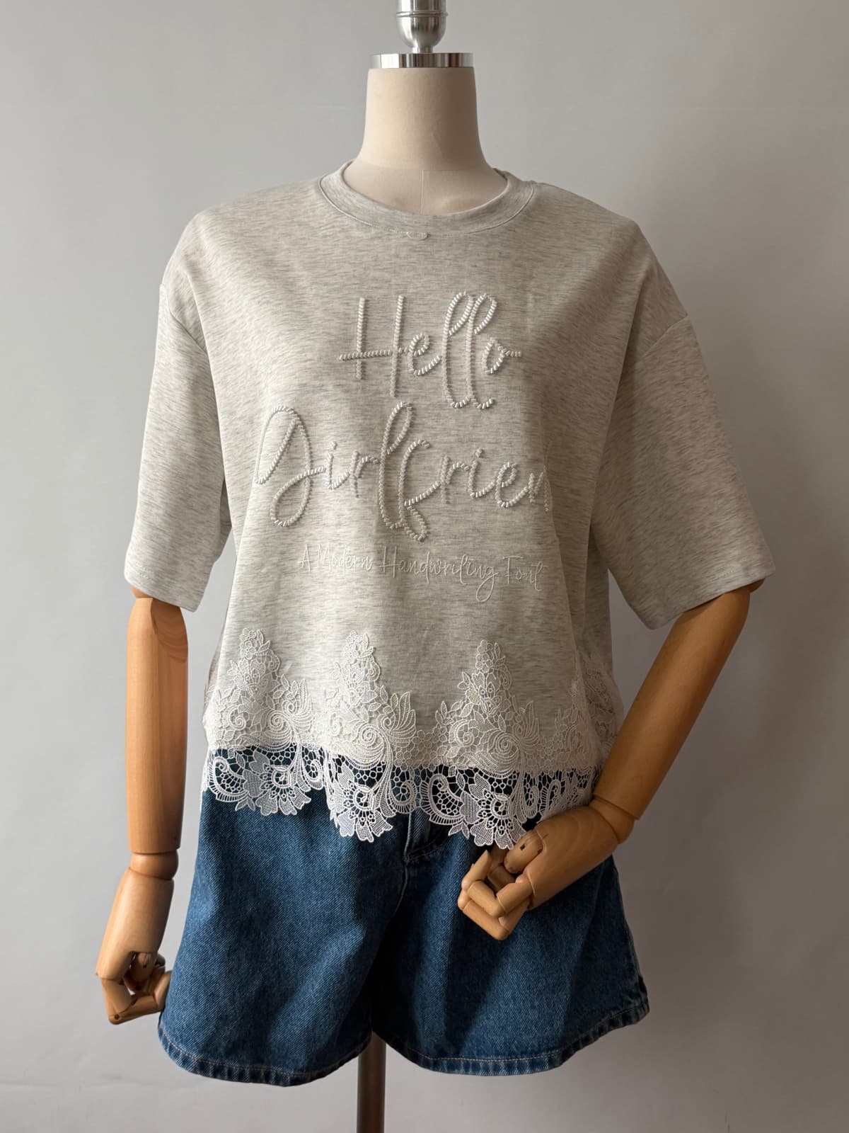 Lace hem short-sleeved T-shirt ) T-shirt cotton T-shirt - 이미지 9