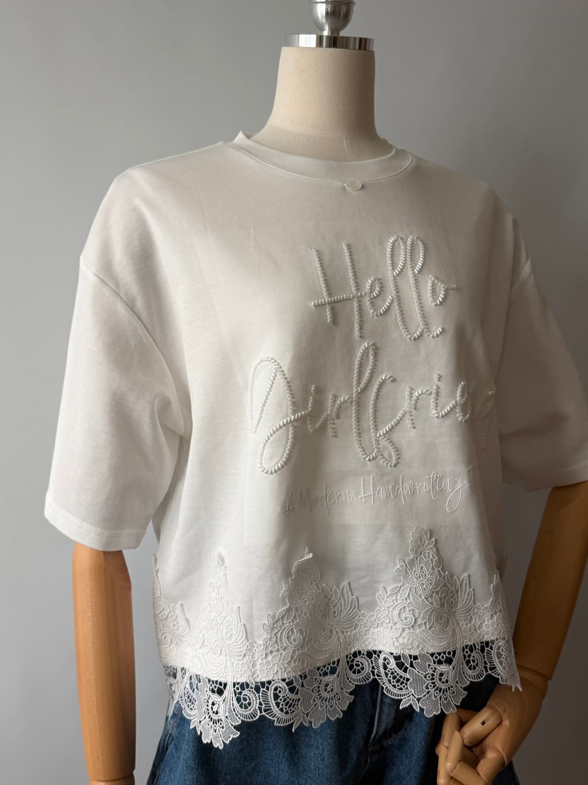 Lace hem short-sleeved T-shirt ) T-shirt cotton T-shirt - 이미지 4
