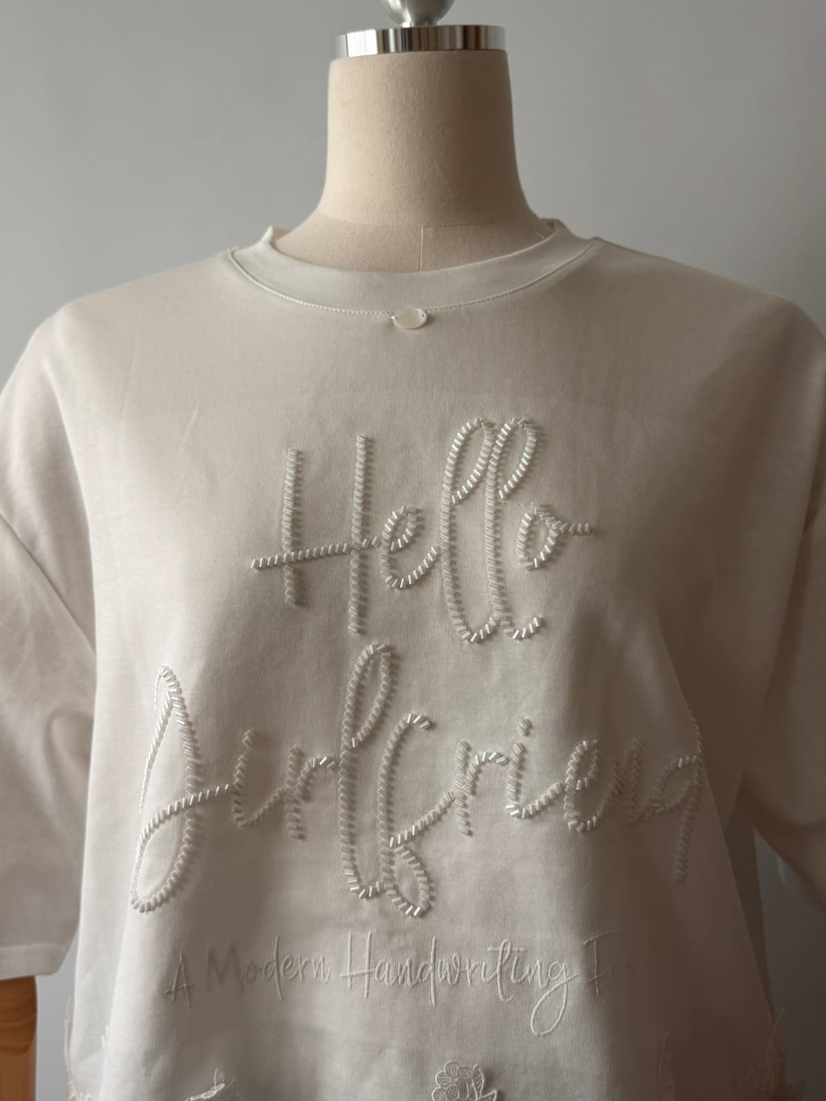 Lace hem short-sleeved T-shirt ) T-shirt cotton T-shirt - 이미지 7