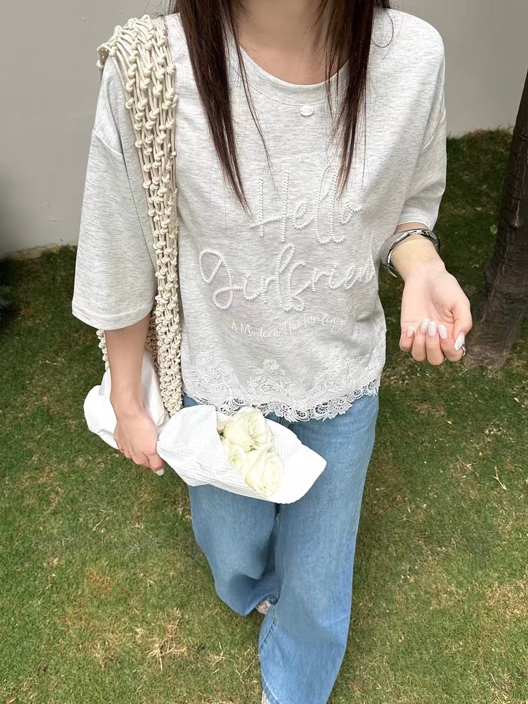 Lace hem short-sleeved T-shirt ) T-shirt cotton T-shirt - 이미지 2