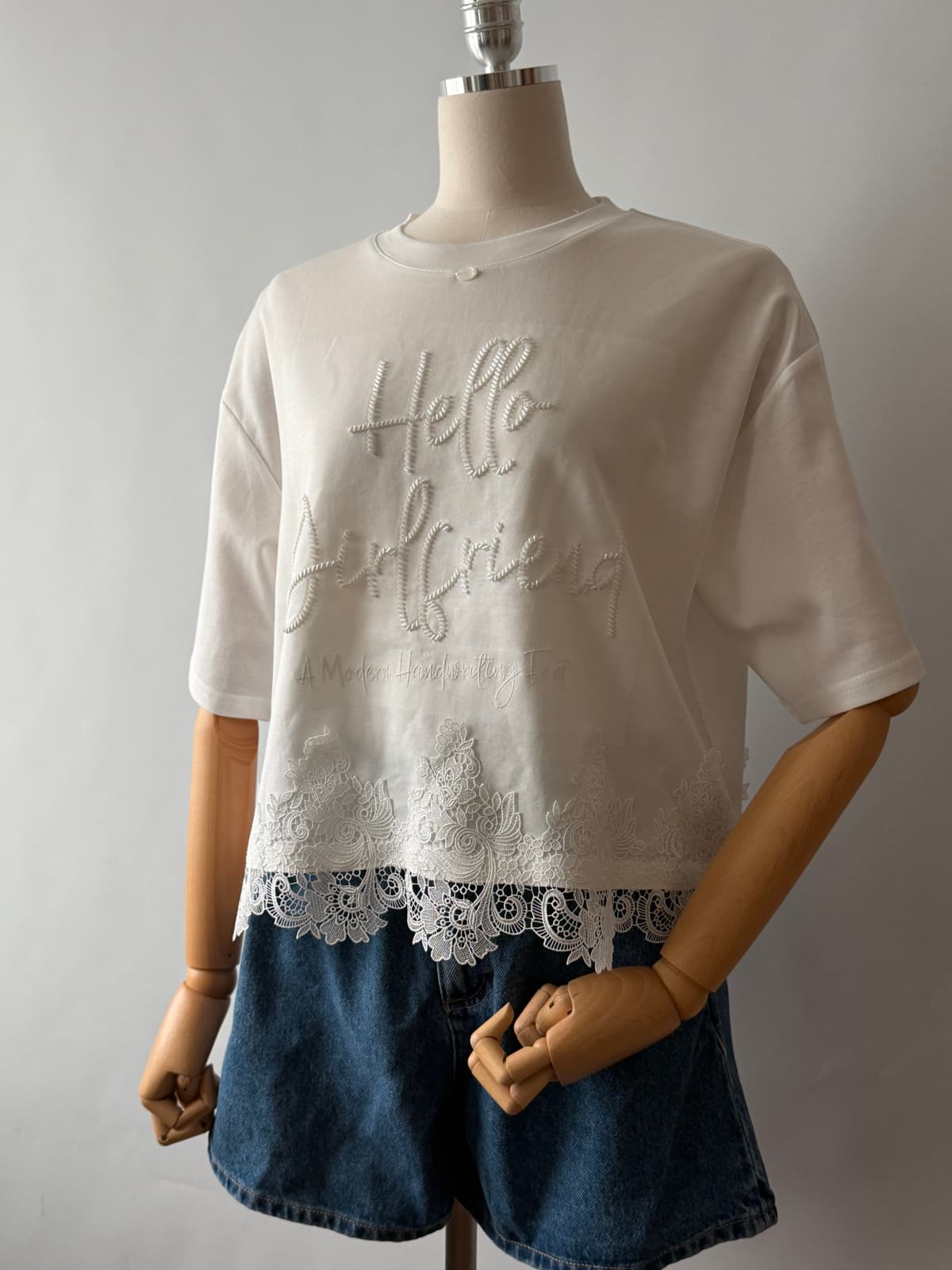 Lace hem short-sleeved T-shirt ) T-shirt cotton T-shirt - 이미지 5