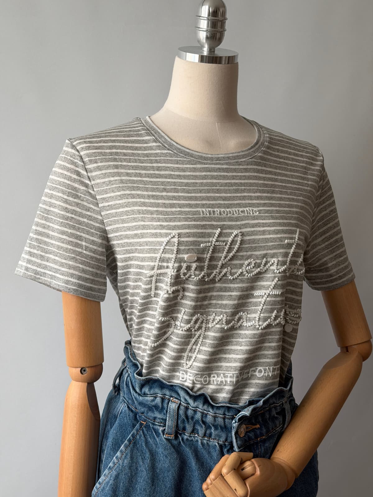 Lace-back style T-shirt) Striped short-sleeve T-shirt - 이미지 1