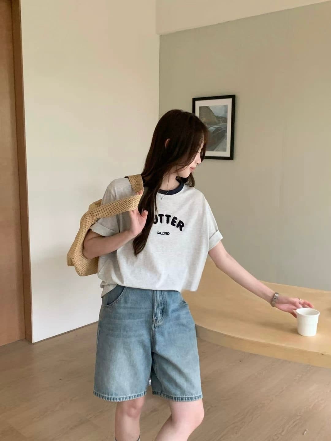 Butter T-shirt) Lettering Color Block Round Short Sleeve T-shirt - 이미지 7