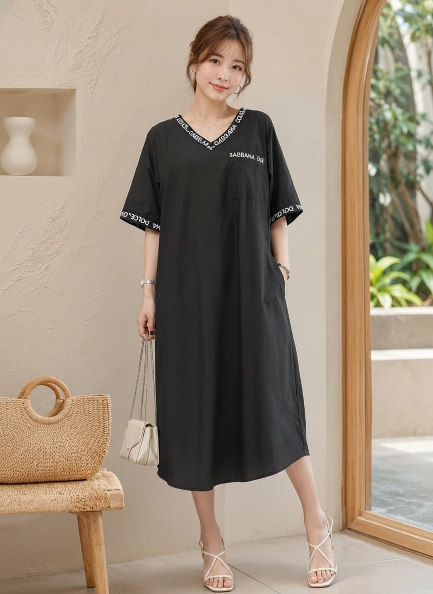 V-neck color-block tape detail short-sleeve long dress - 이미지 1