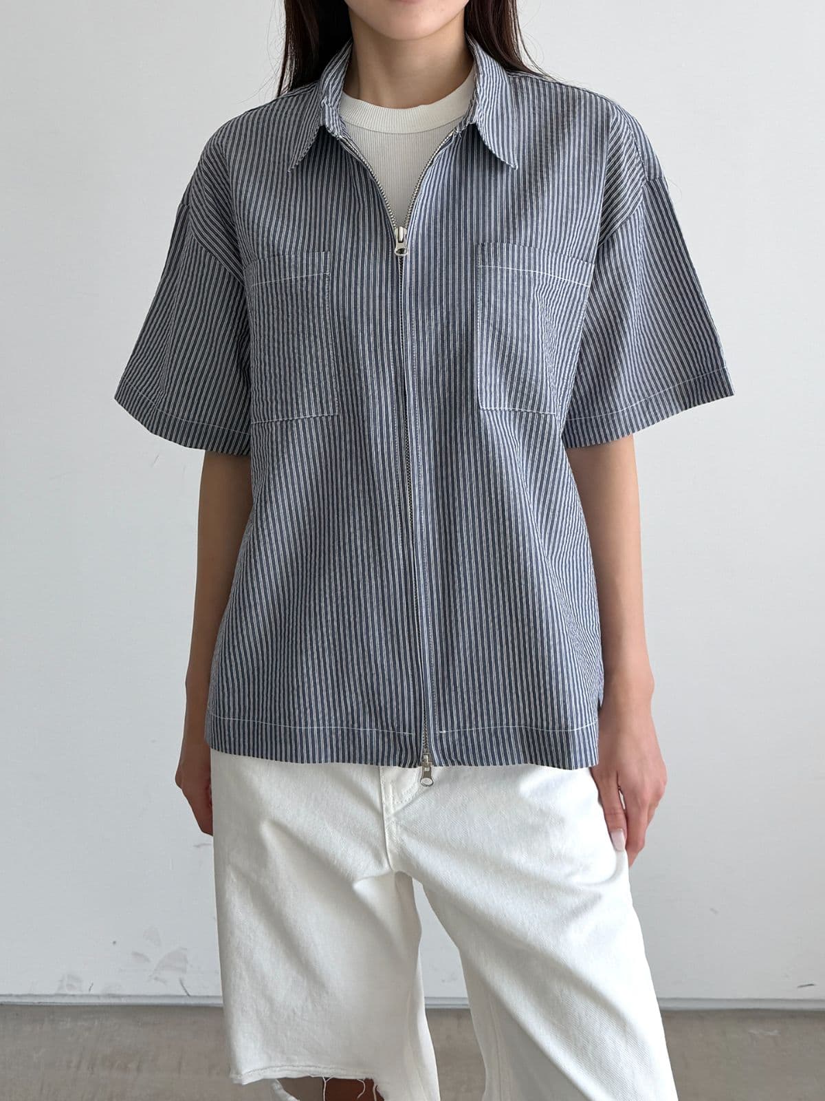 Striped cropped zip-up shirt - 이미지 6