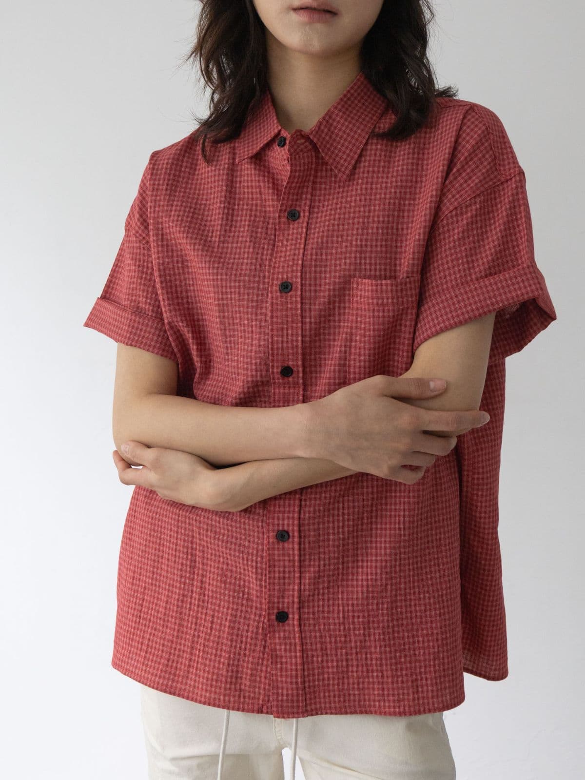 Checked cropped short-sleeve shirt - 이미지 5