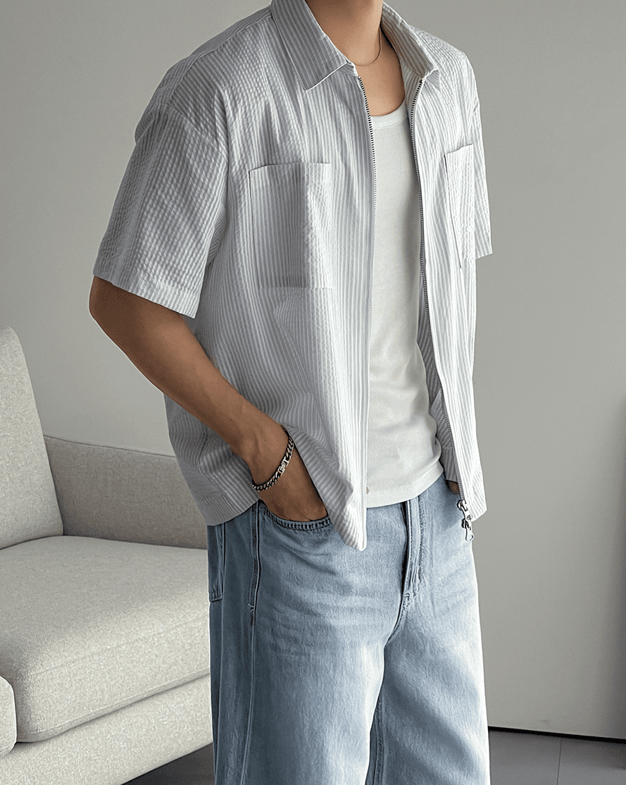 Striped cropped zip-up shirt - 이미지 6