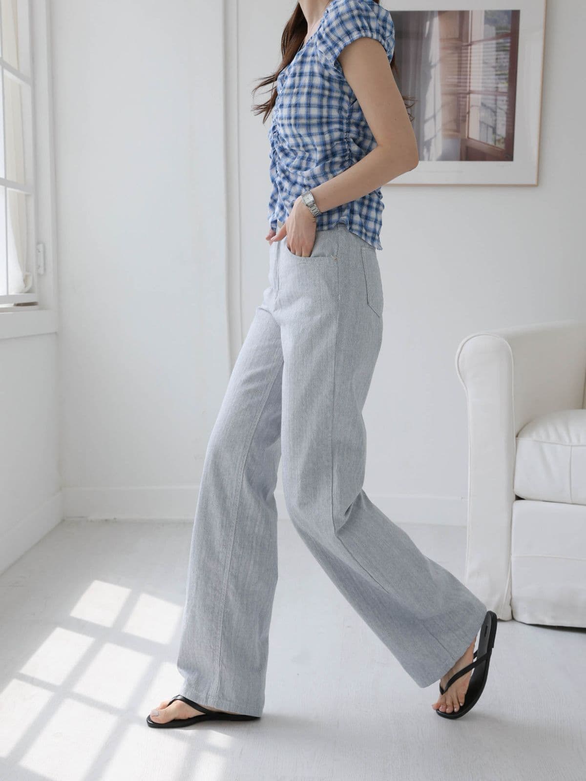 201 It's) Summer Denim Oatmeal Blue Cotton Pants - 이미지 2