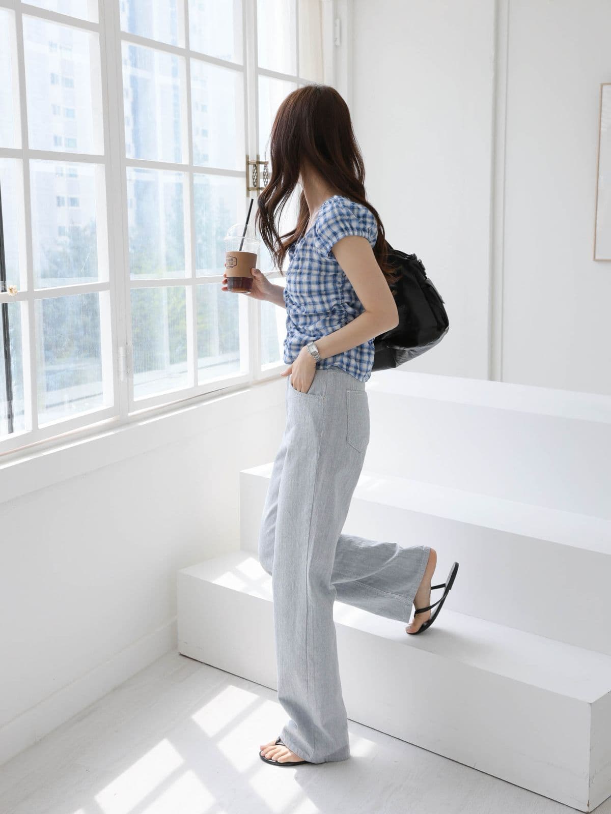 201 It's) Summer Denim Oatmeal Blue Cotton Pants - 이미지 5