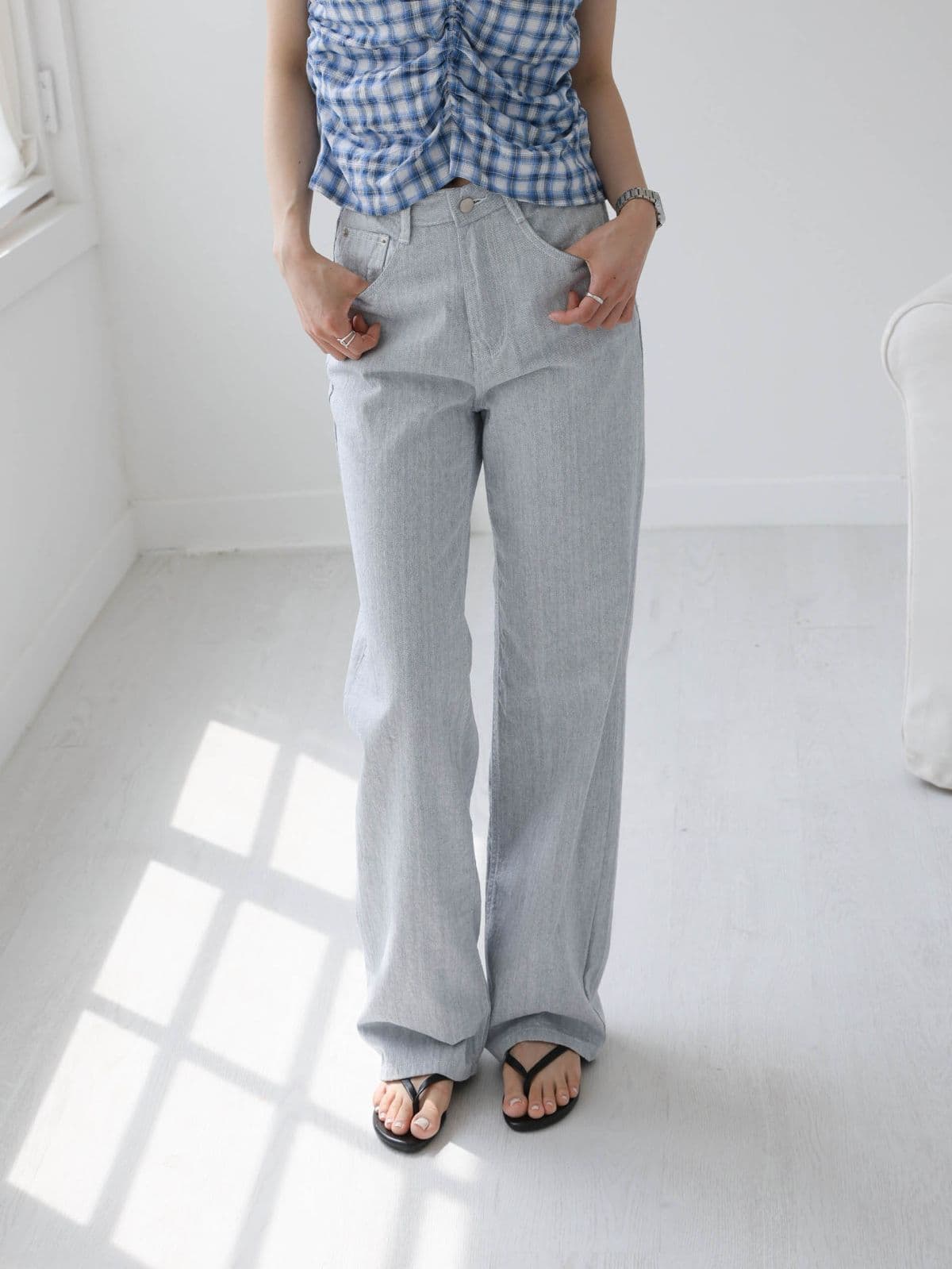201 It's) Summer Denim Oatmeal Blue Cotton Pants - 이미지 1