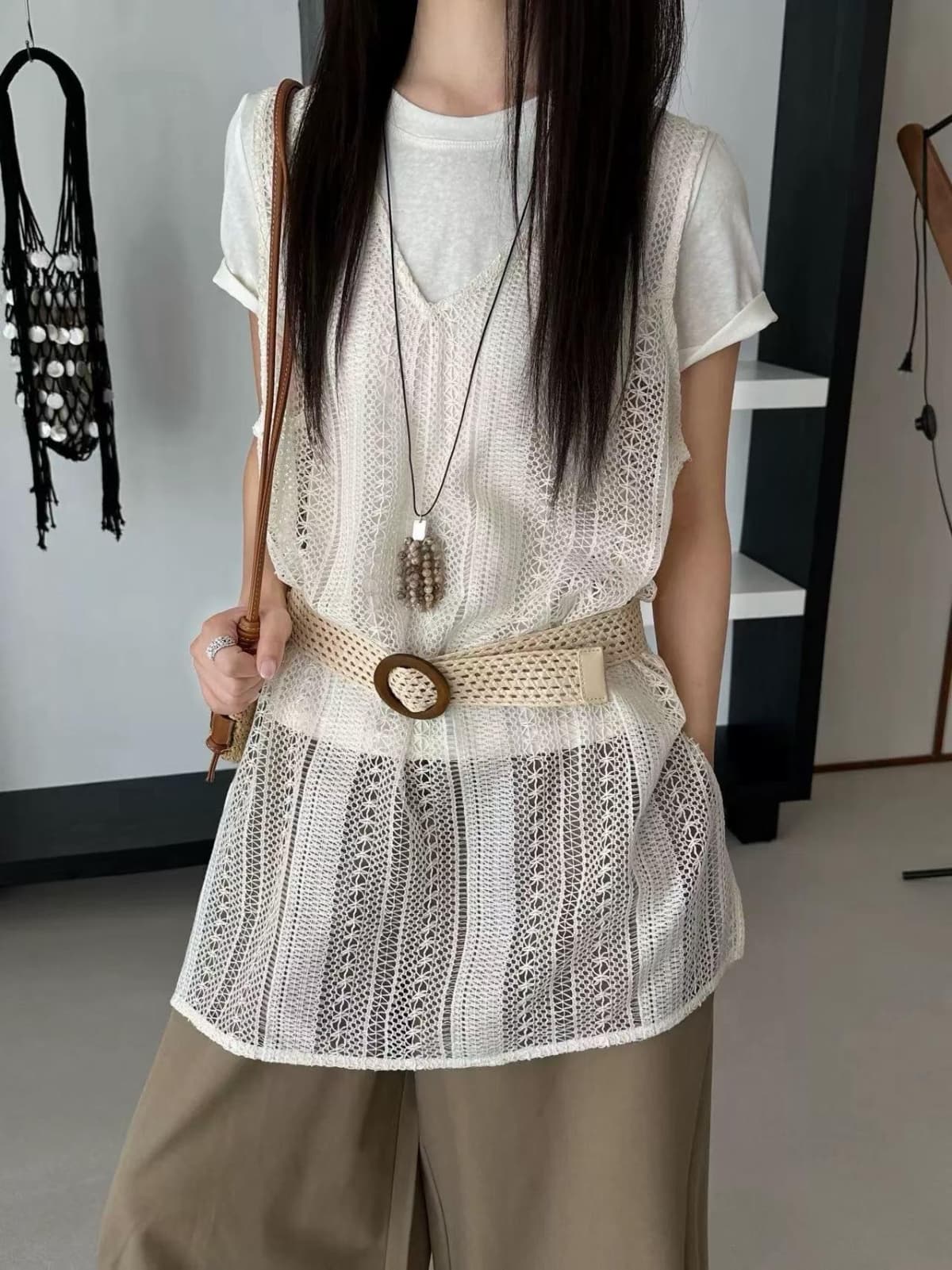 V-neck Lace Knit Long Vest Three-piece Set - 이미지 4