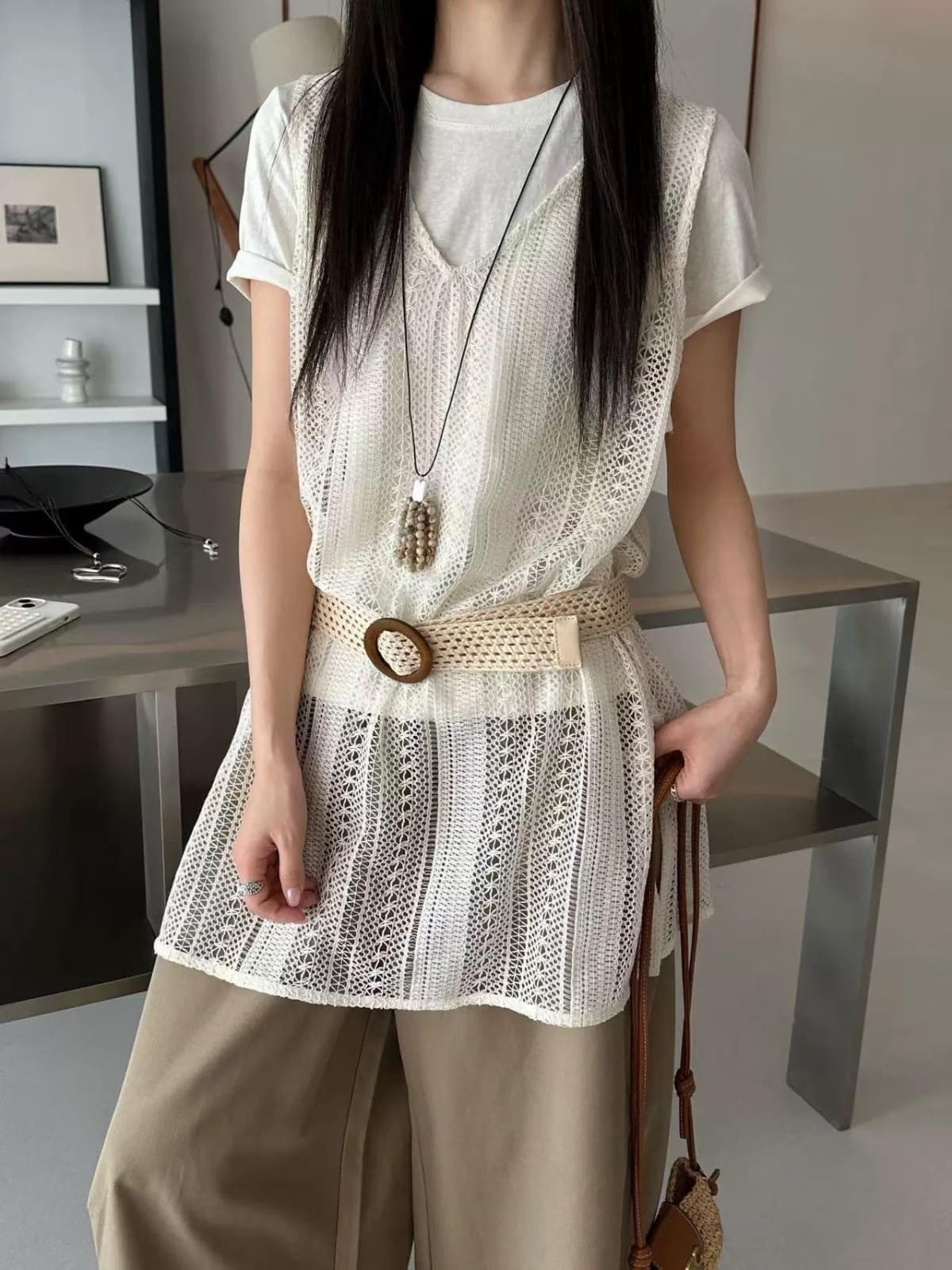 V-neck Lace Knit Long Vest Three-piece Set - 이미지 6