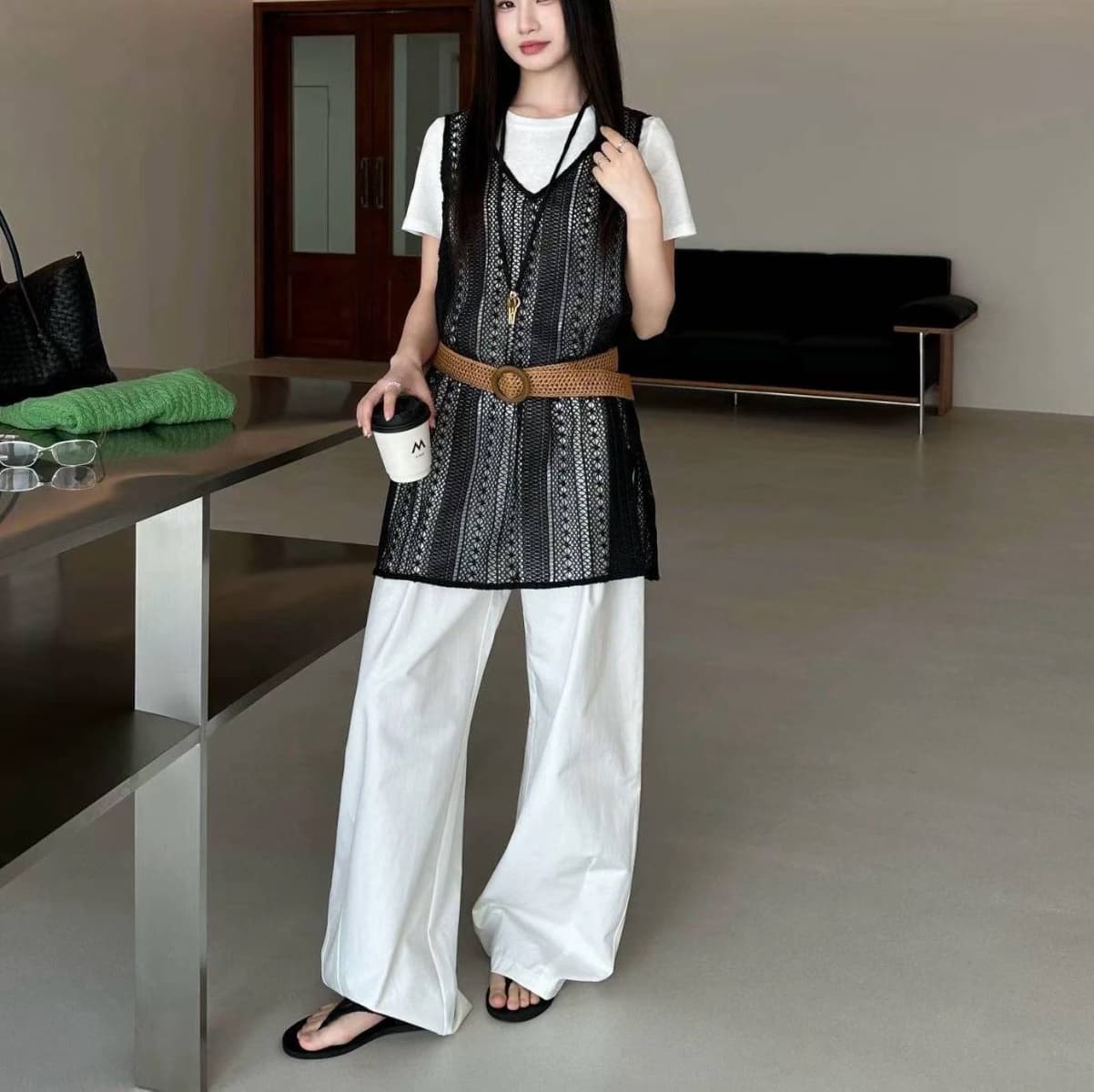 V-neck Lace Knit Long Vest Three-piece Set - 이미지 2