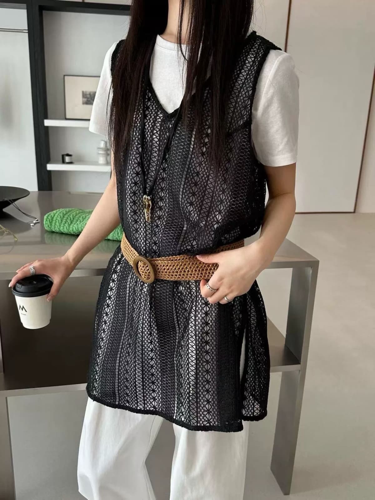 V-neck Lace Knit Long Vest Three-piece Set - 이미지 3
