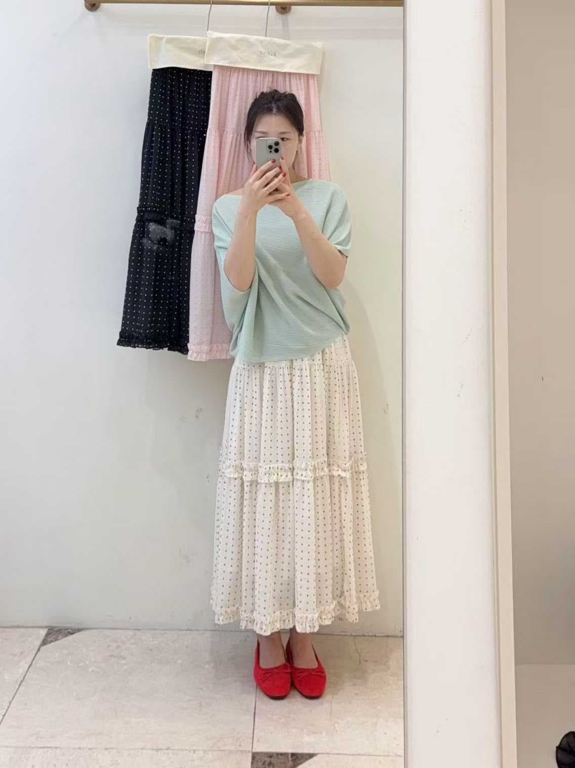Dot chiffon tiered frill long skirt - 이미지 5