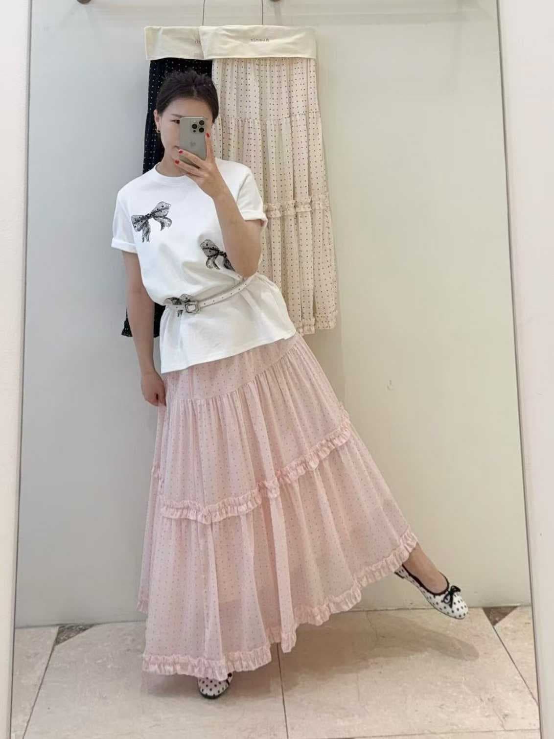 Dot chiffon tiered frill long skirt - 이미지 1