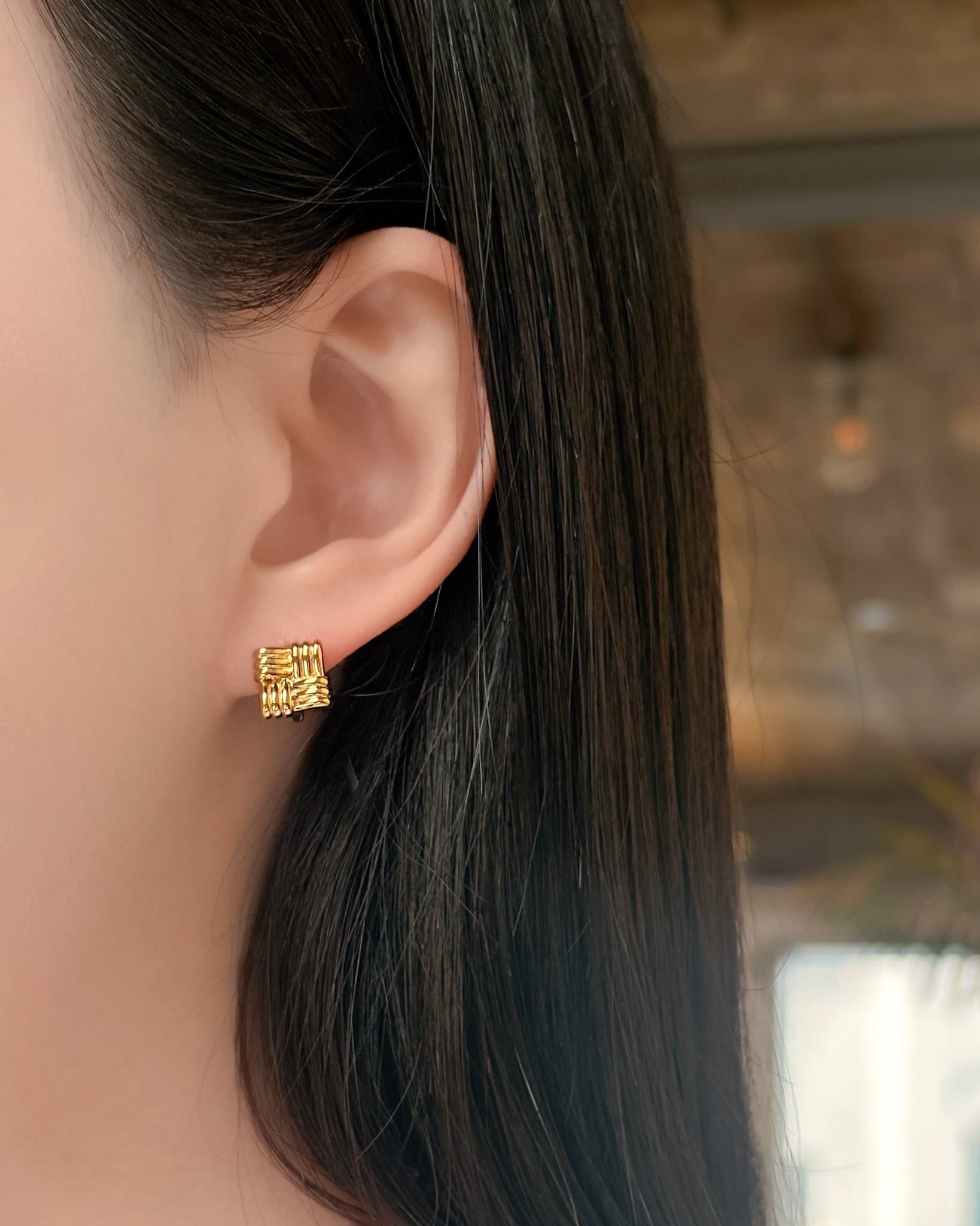 Silver 925 Twisted Square One-Touch Ring Silver Earrings Bold - 이미지 6
