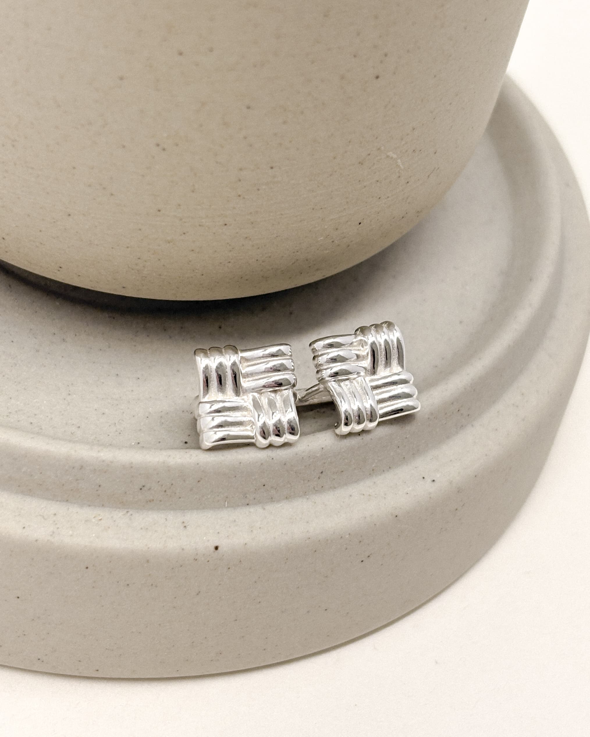 Silver 925 Twisted Square One-Touch Ring Silver Earrings Bold - 이미지 12