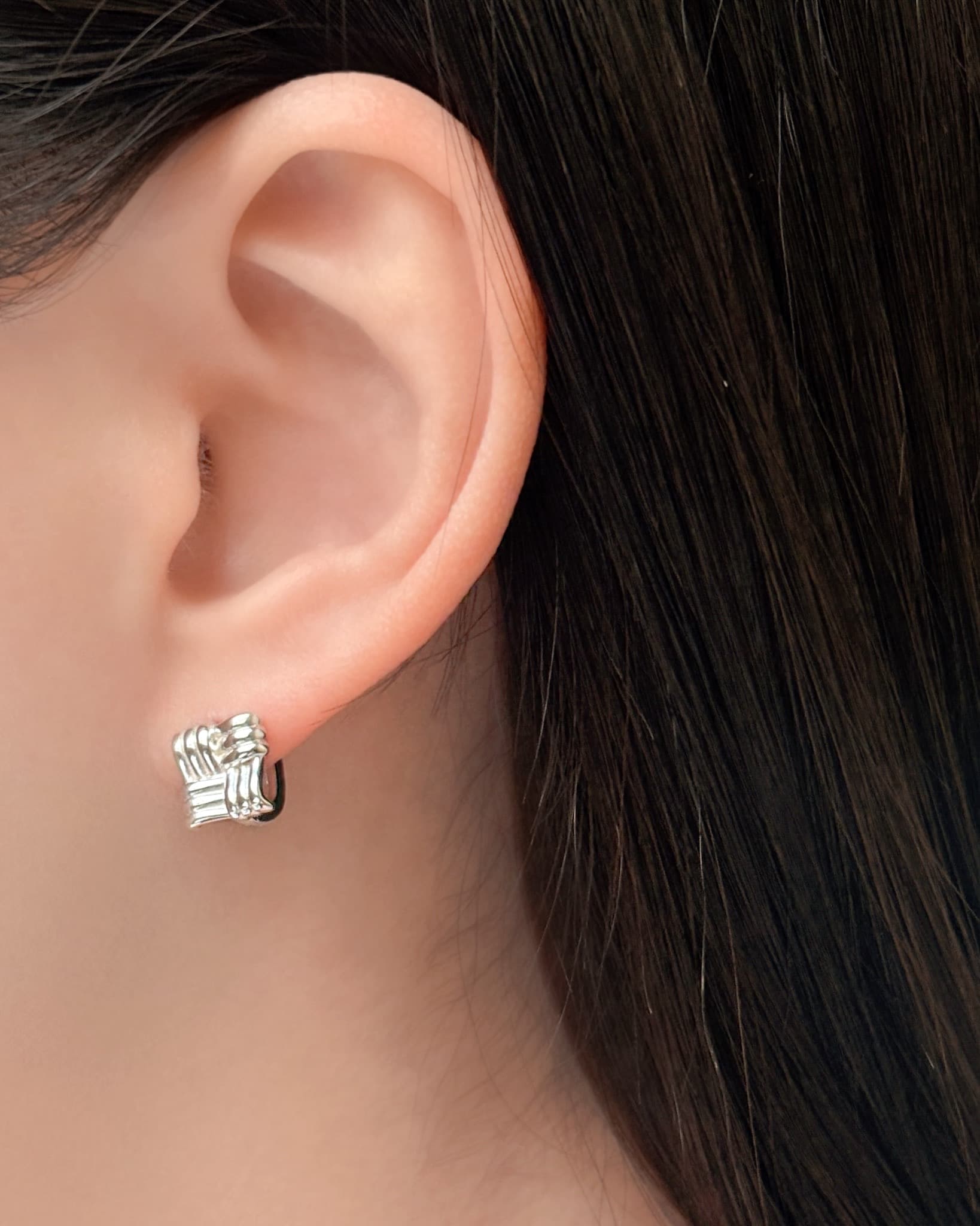 Silver 925 Twisted Square One-Touch Ring Silver Earrings Bold - 이미지 3