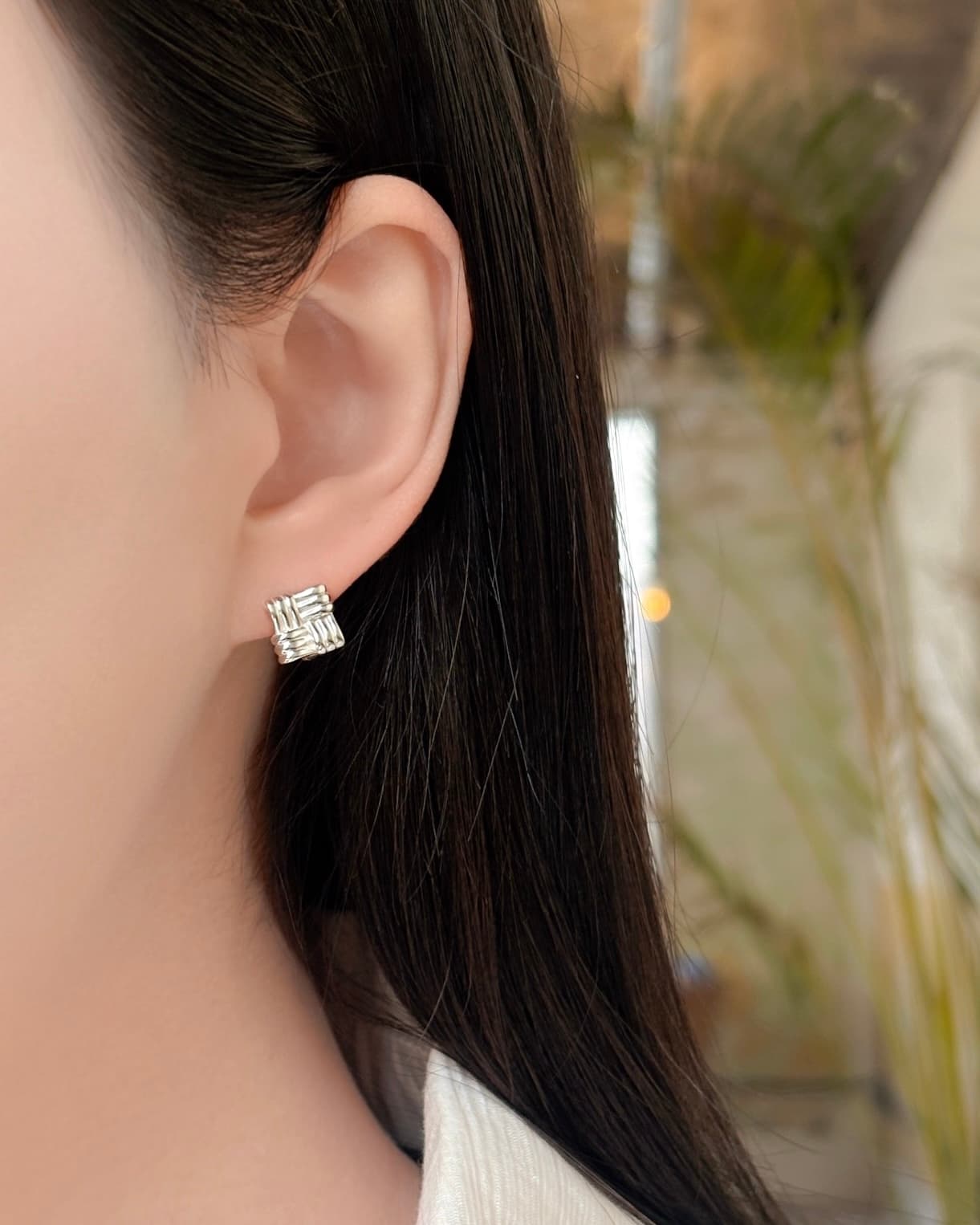 Silver 925 Twisted Square One-Touch Ring Silver Earrings Bold - 이미지 2