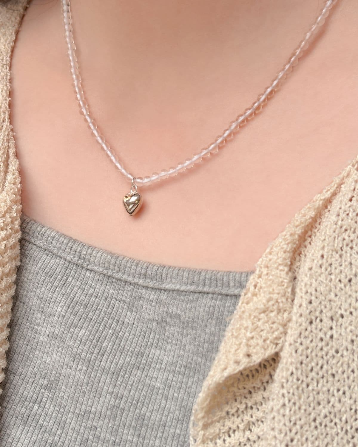 Silver 925 Clear Quartz Transparent Bead Heart Pendant Medal Necklace Summer Silver Necklace - 이미지 5