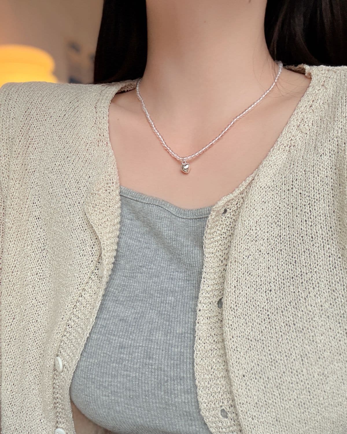 Silver 925 Clear Quartz Transparent Bead Heart Pendant Medal Necklace Summer Silver Necklace - 이미지 3