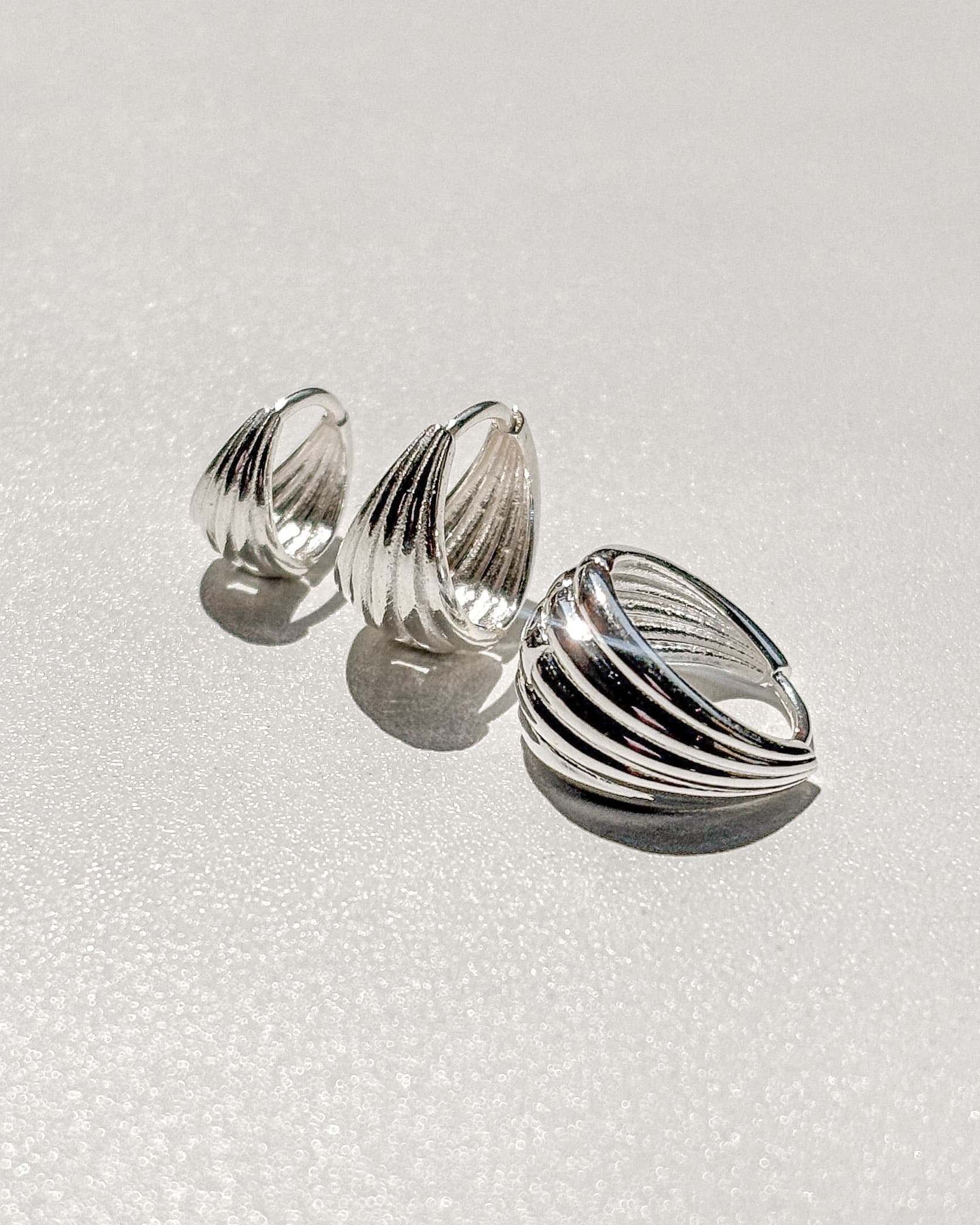 Silver 925 Teardrop Shell Line One-Touch Ring Silver Earrings Bold - 이미지 3
