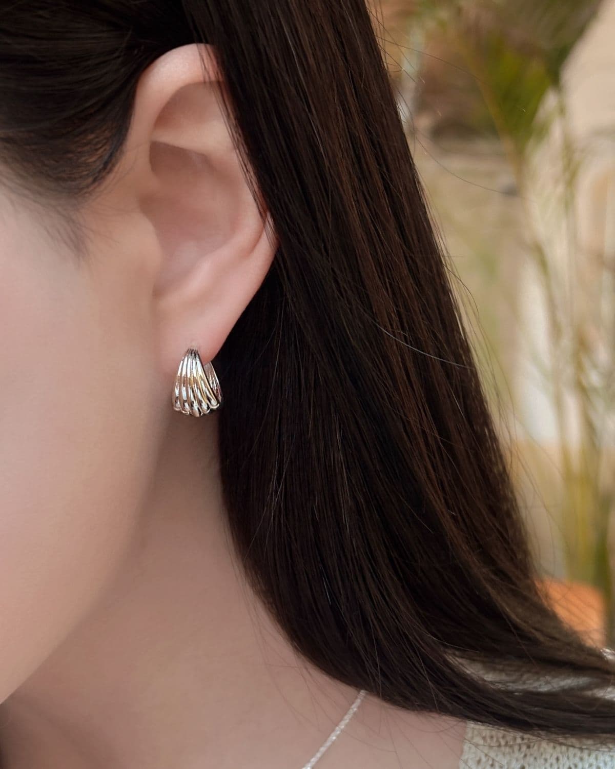 Silver 925 Teardrop Shell Line One-Touch Ring Silver Earrings Bold - 이미지 10