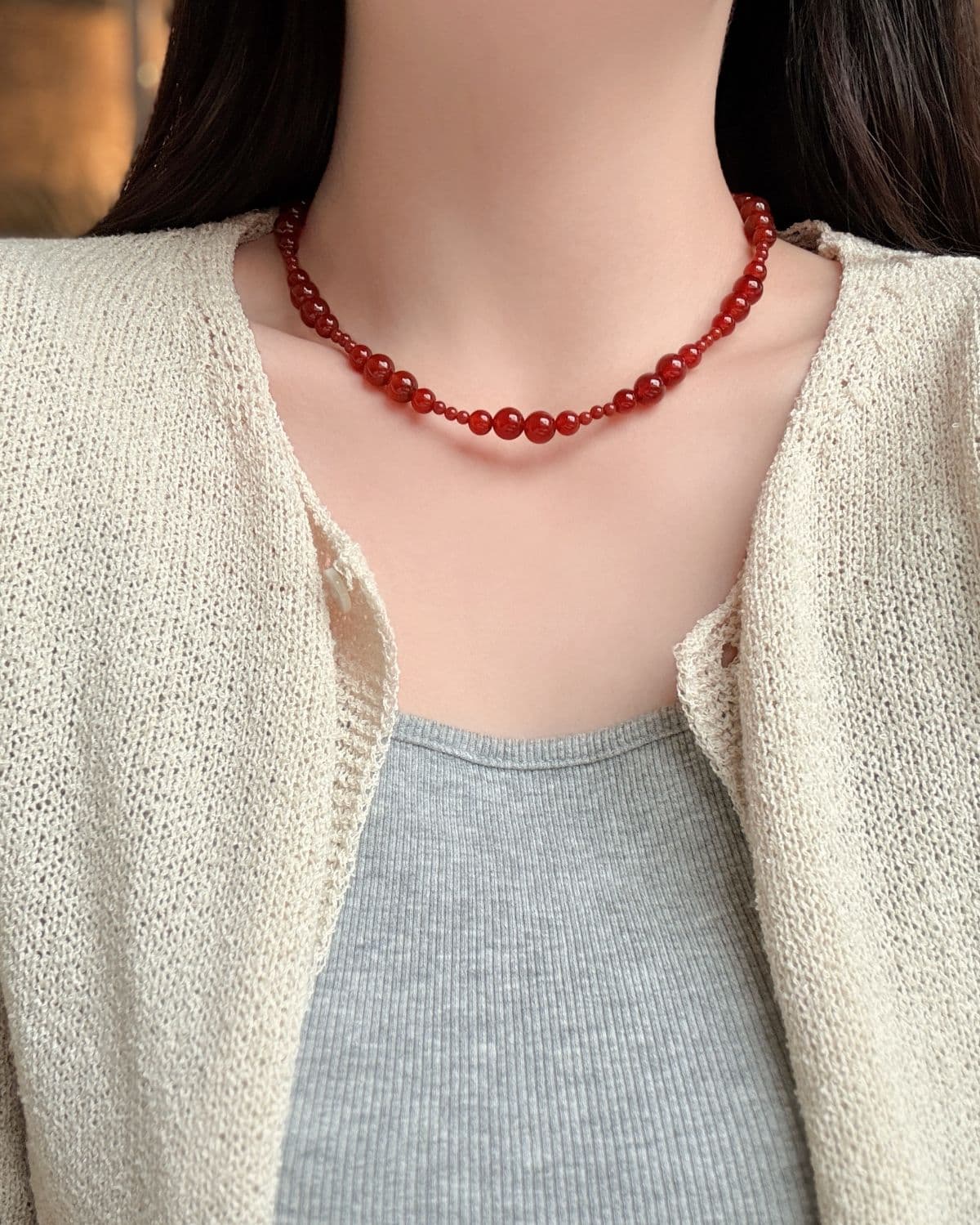Silver 925 Red Gemstone Bead Necklace Summer Silver Necklace Carnelian - 이미지 4