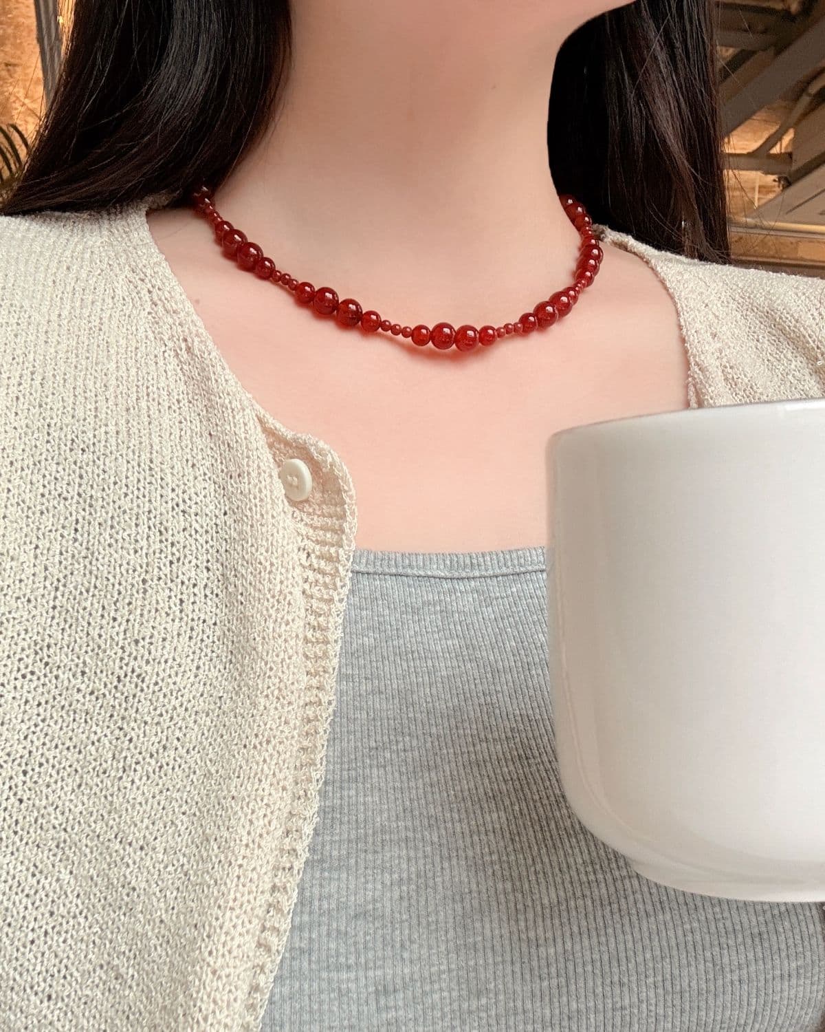 Silver 925 Red Gemstone Bead Necklace Summer Silver Necklace Carnelian - 이미지 5