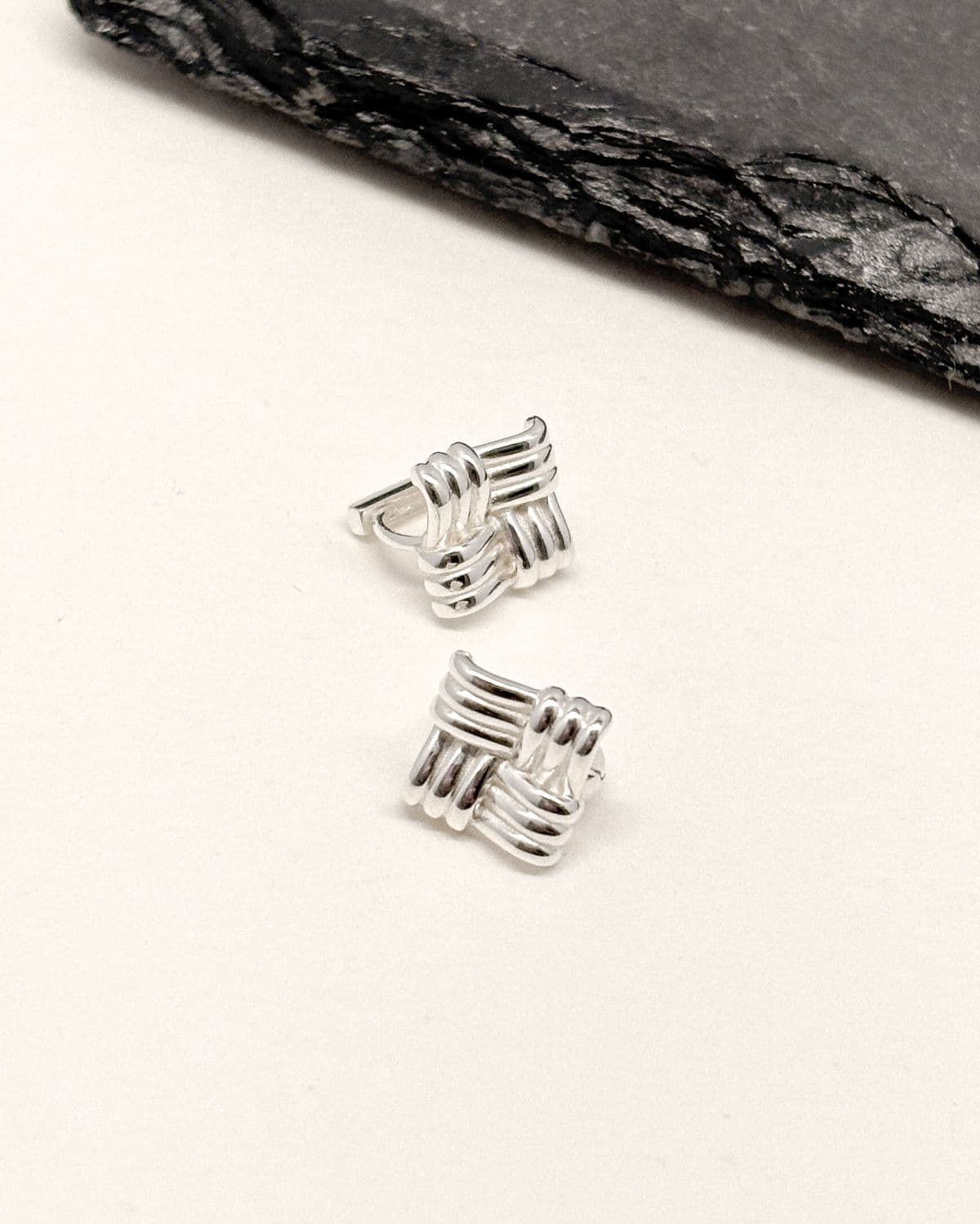 Silver 925 Twisted Square One-Touch Ring Silver Earrings Bold - 이미지 5