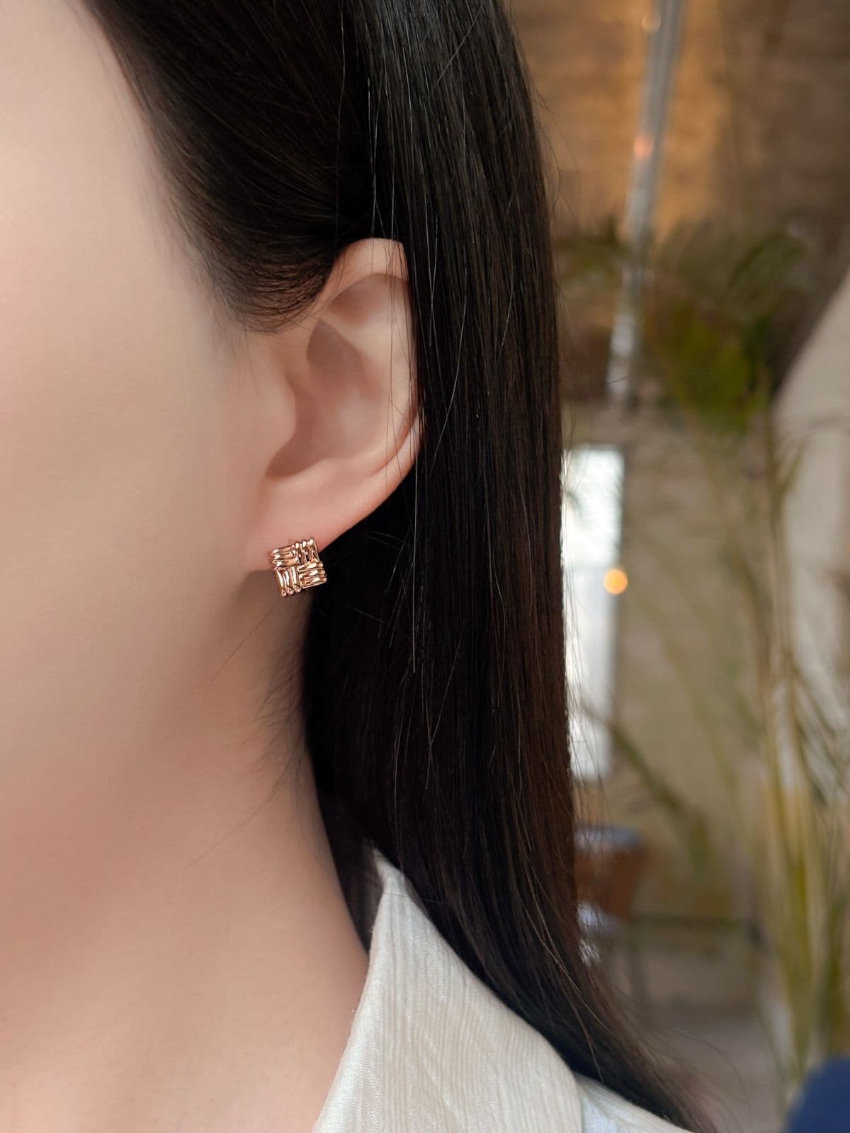 Silver 925 Twisted Square One-Touch Ring Silver Earrings Bold - 이미지 11