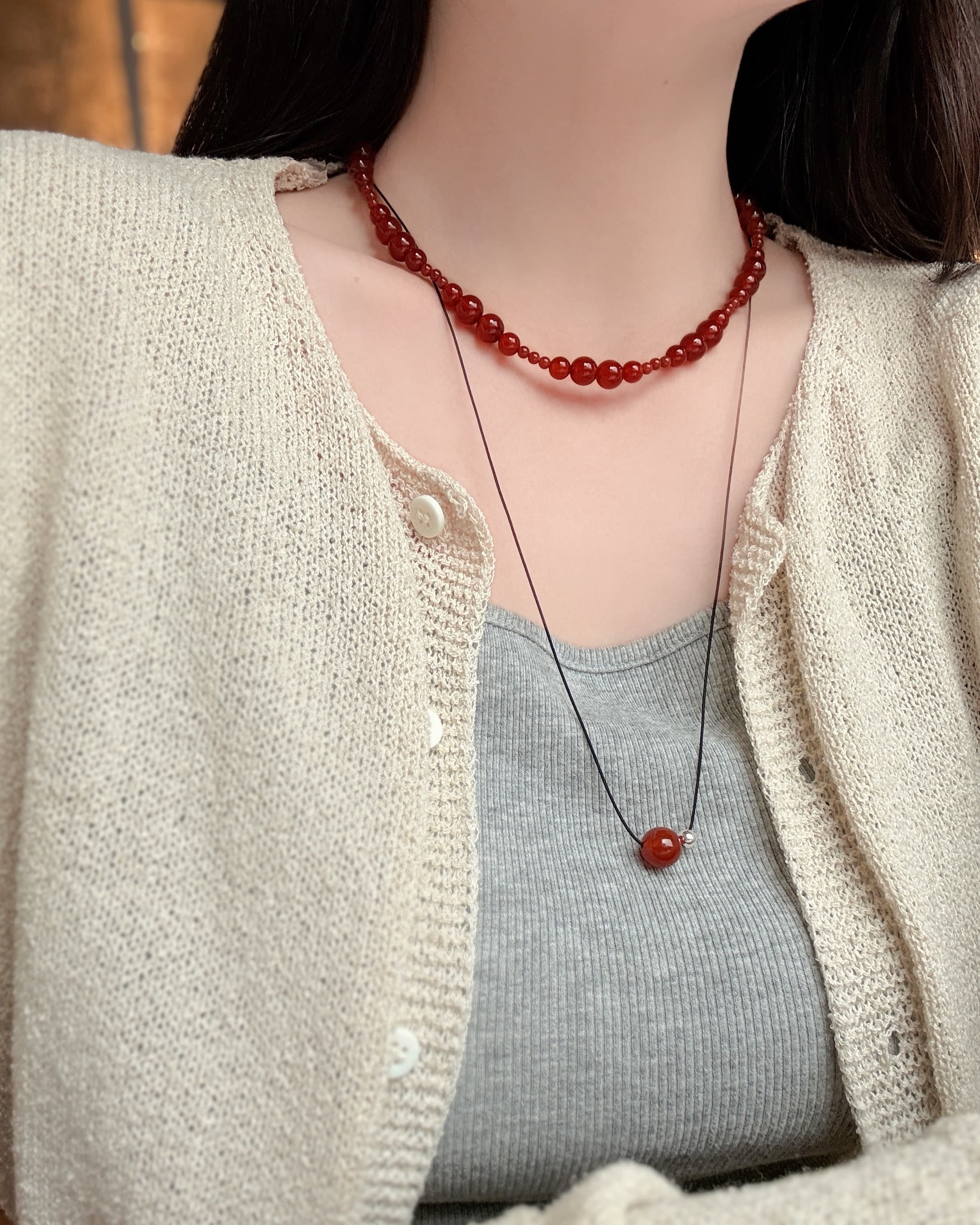 Silver 925 Silver Ball & Gemstone Ball String Necklace (Short, Long) - 이미지 10