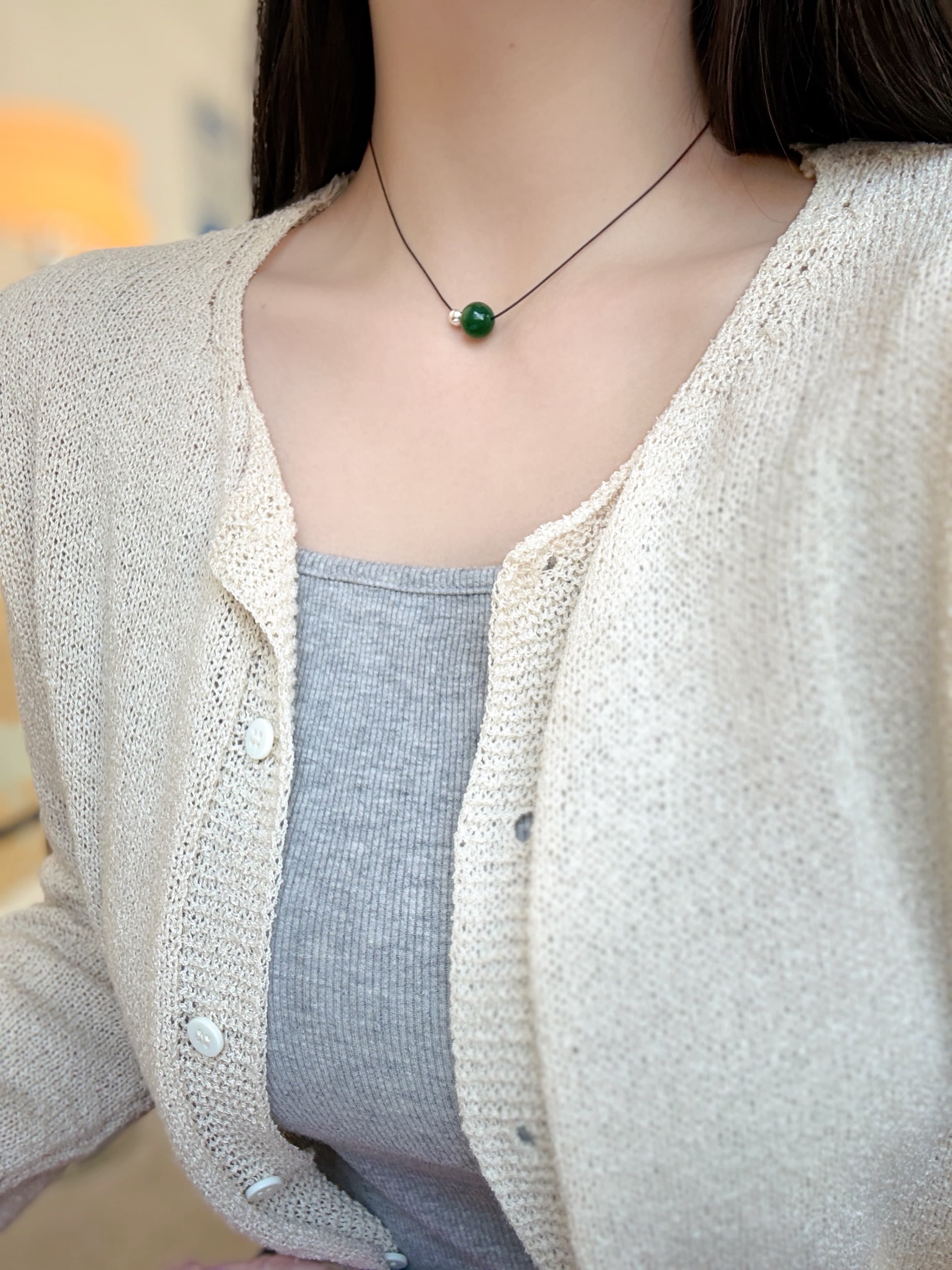 Silver 925 Silver Ball & Gemstone Ball String Necklace (Short, Long) - 이미지 5