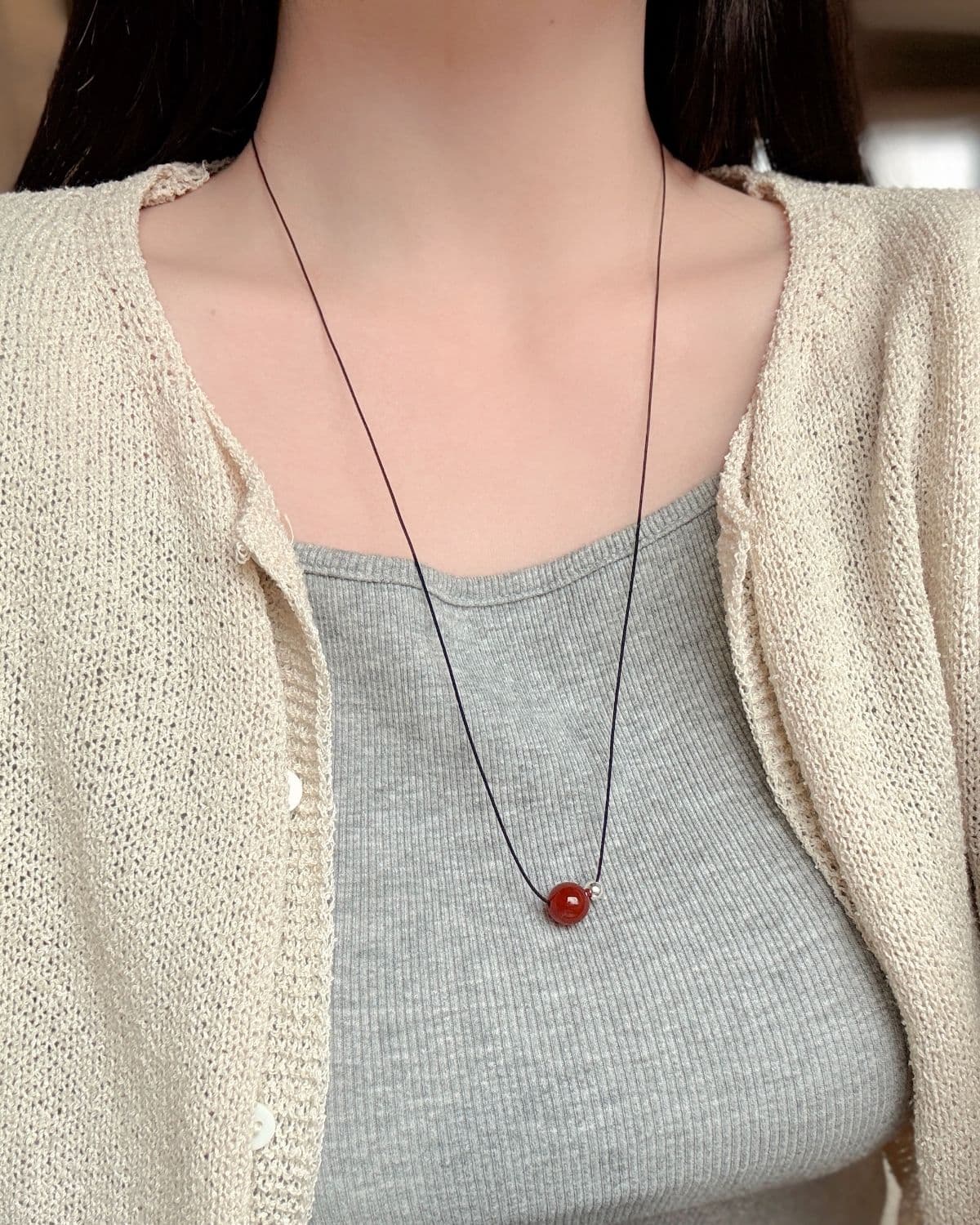 925 Sterling Silver Ball & Gemstone Ball String Necklace (Long, Short 2 sizes, 3 colors) - 이미지 6