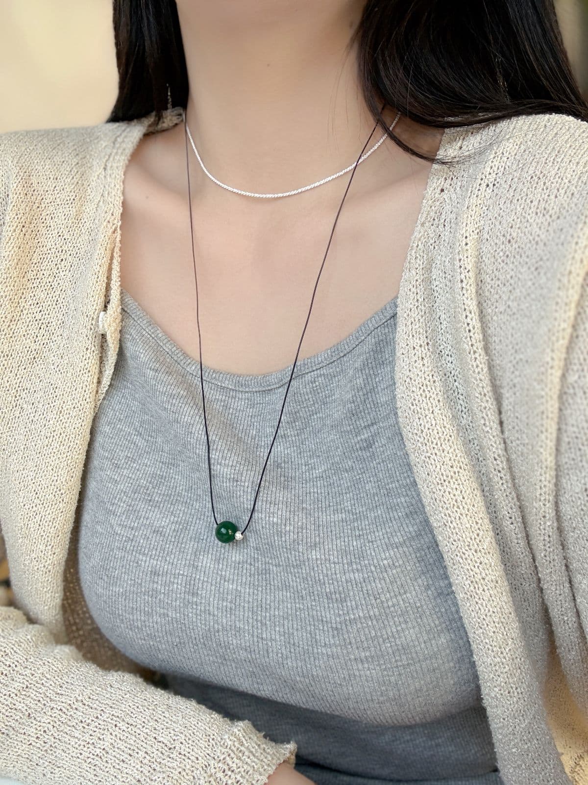 925 Sterling Silver Ball & Gemstone Ball String Necklace (Long, Short 2 sizes, 3 colors) - 이미지 8