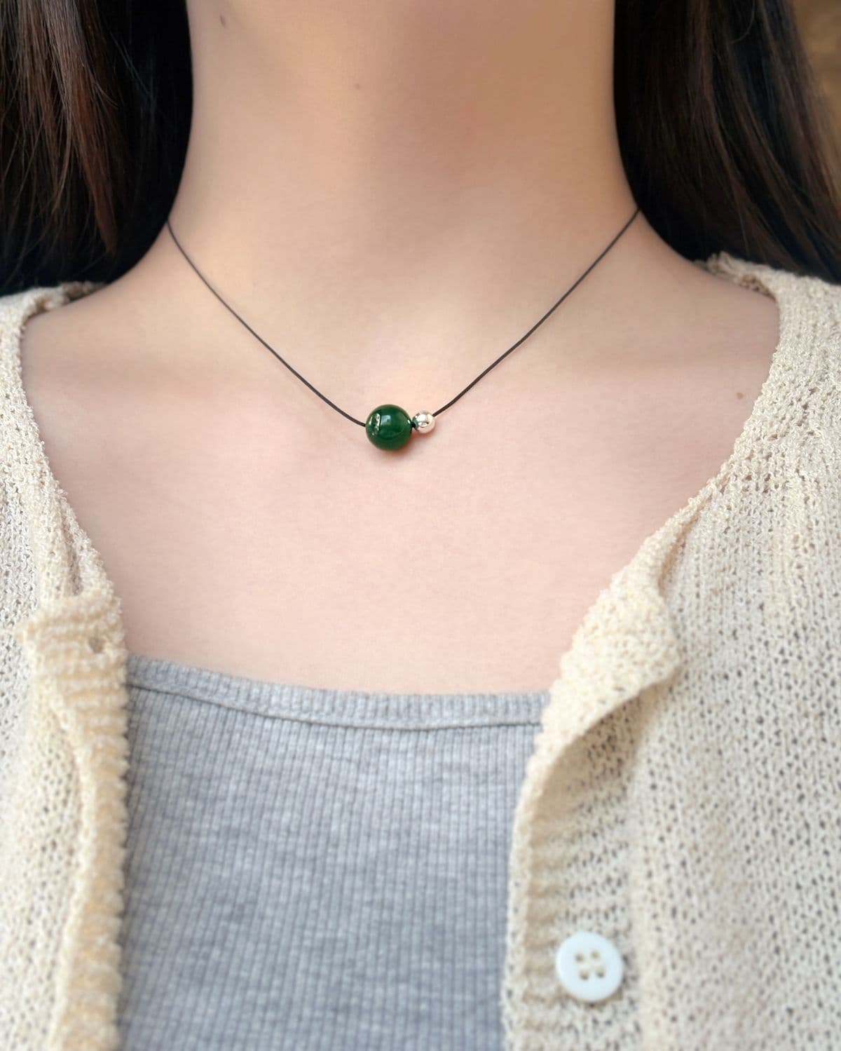 925 Sterling Silver Ball & Gemstone Ball String Necklace (Long, Short 2 sizes, 3 colors) - 이미지 1