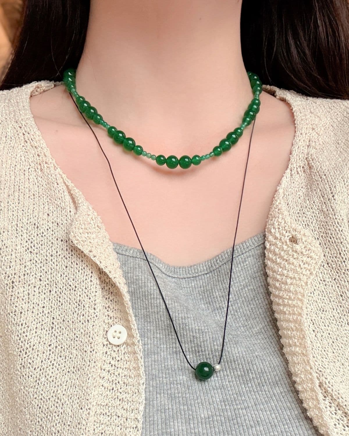 925 Sterling Silver Ball & Gemstone Ball String Necklace (Long, Short 2 sizes, 3 colors) - 이미지 7