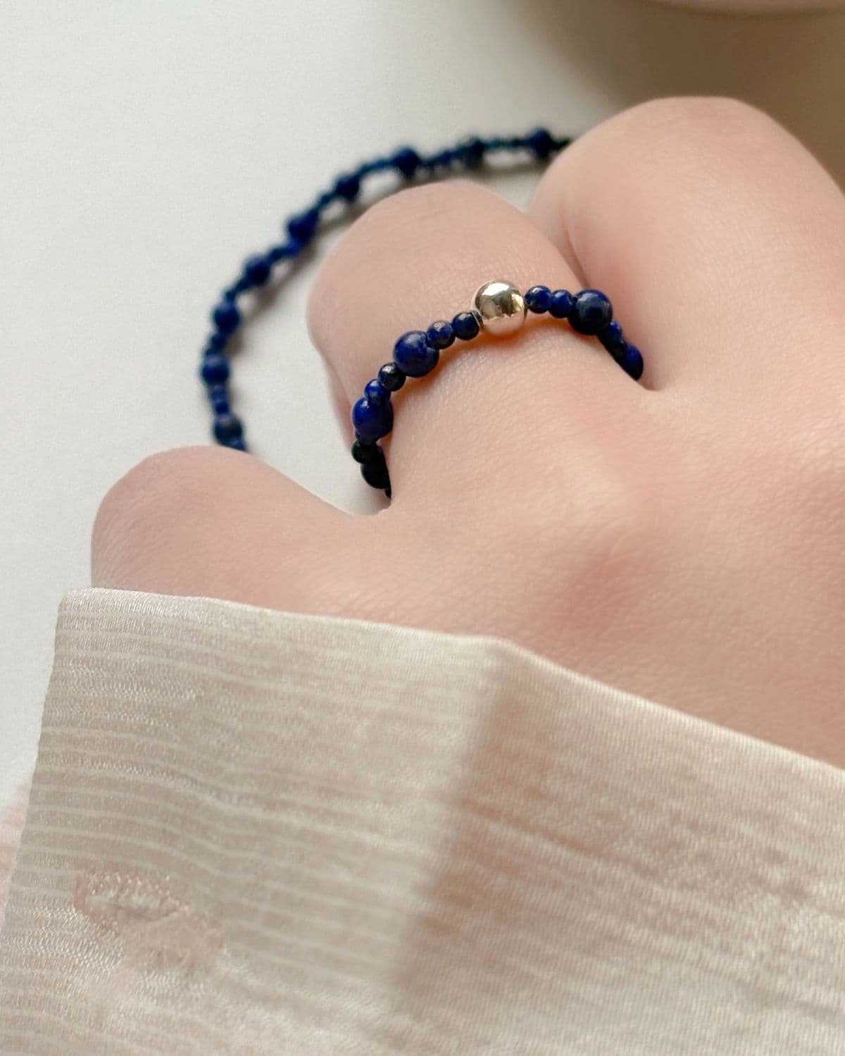 Silver 925 Silver Ball Lapis Lazuli Gemstone Layered Bracelet & Ring Free Size - 이미지 5