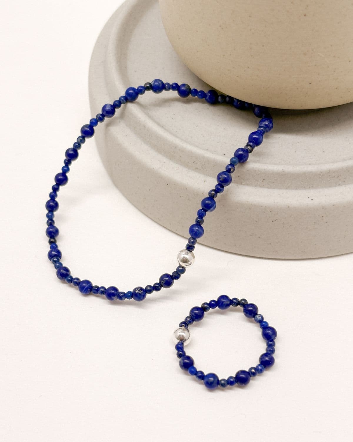 Silver 925 Silver Ball Lapis Lazuli Gemstone Layered Bracelet & Ring Free Size - 이미지 6