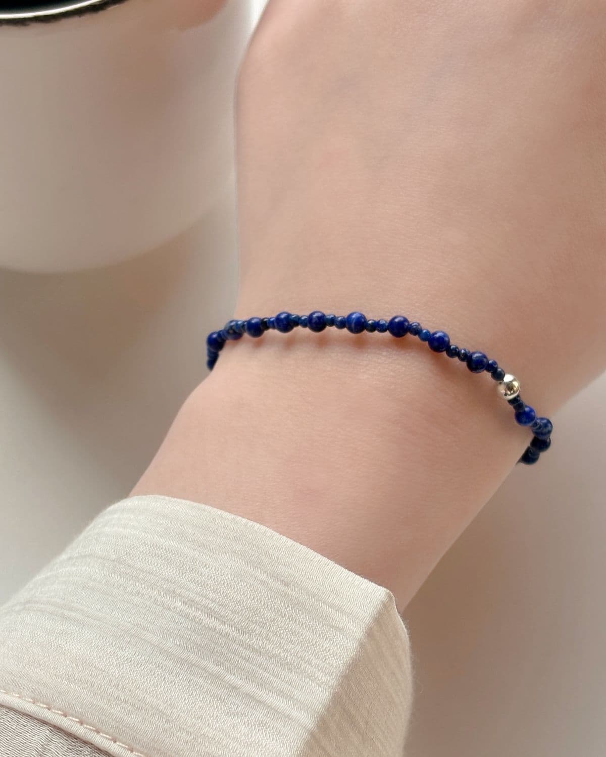 Silver 925 Silver Ball Lapis Lazuli Gemstone Layered Bracelet & Ring Free Size - 이미지 1