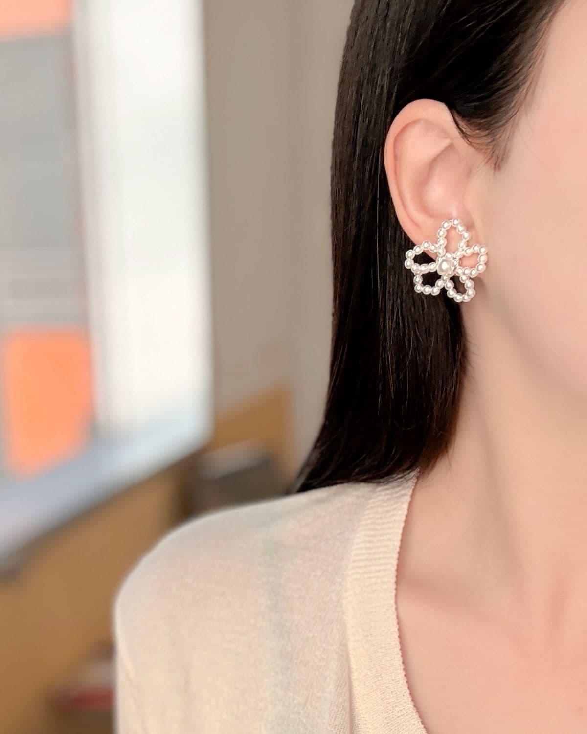 Silver 925 Beaded Flower Earrings Pearl Silver Earrings - 이미지 7