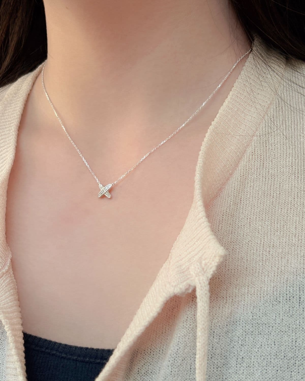 Silver 925 Cubic Pendant x Mini Necklace Daily Silver Necklace & Earring Set - 이미지 2
