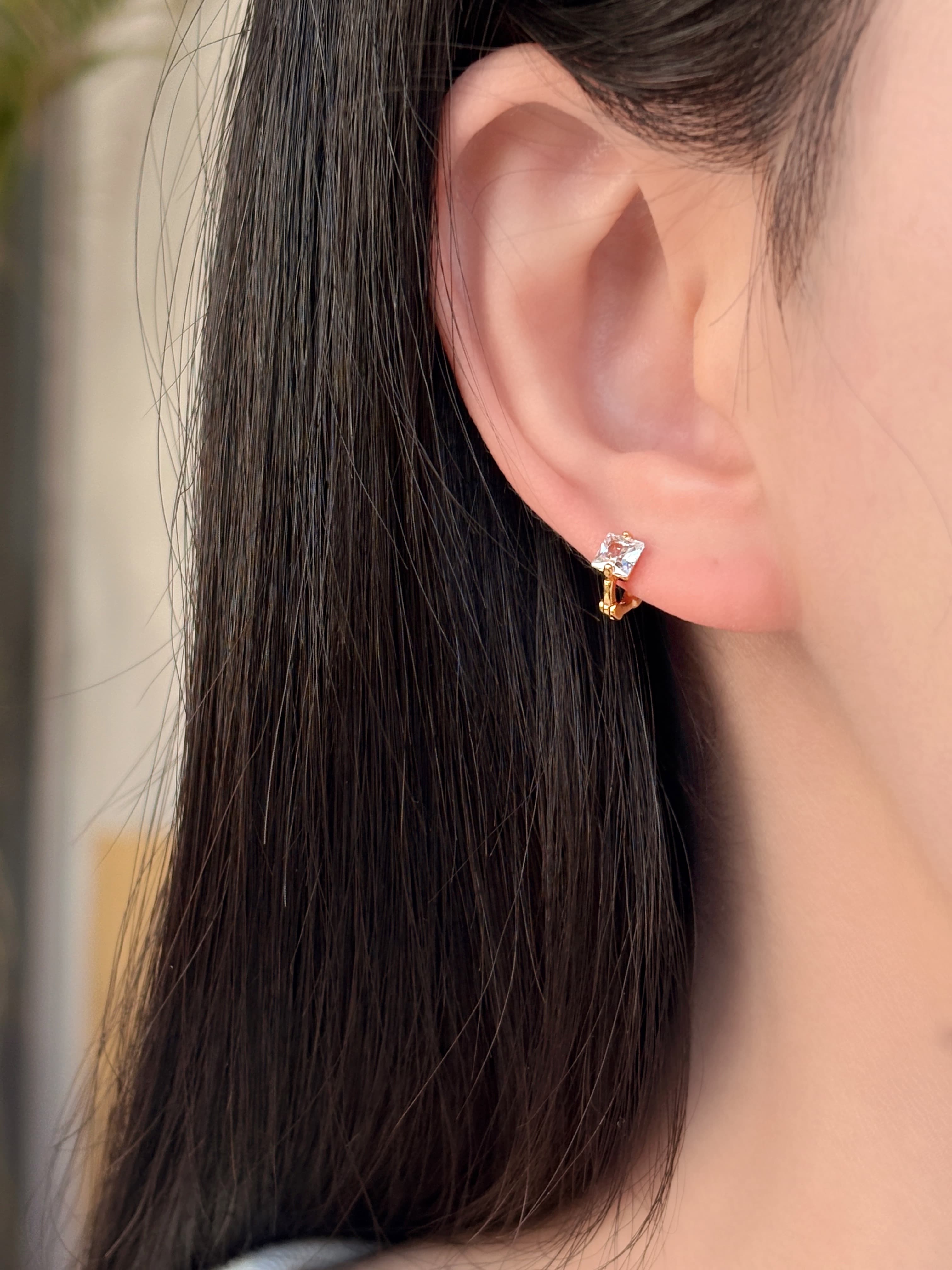 Silver 925 Square Cubic Mini Ring Earrings One-touch Silver Earrings (3 Colors) - 이미지 4