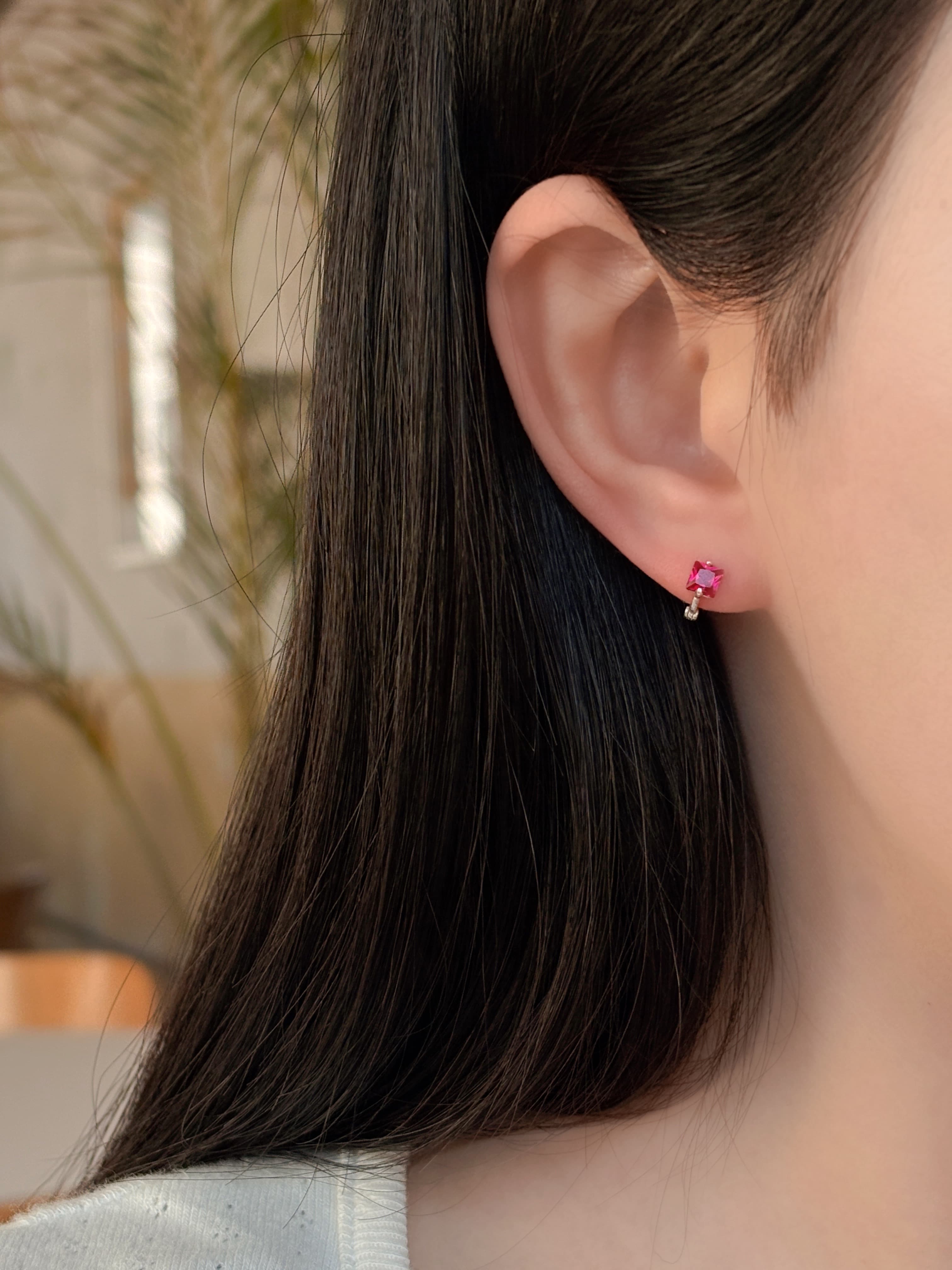 Silver 925 Square Cubic Mini Ring Earrings One-touch Silver Earrings (3 Colors) - 이미지 5