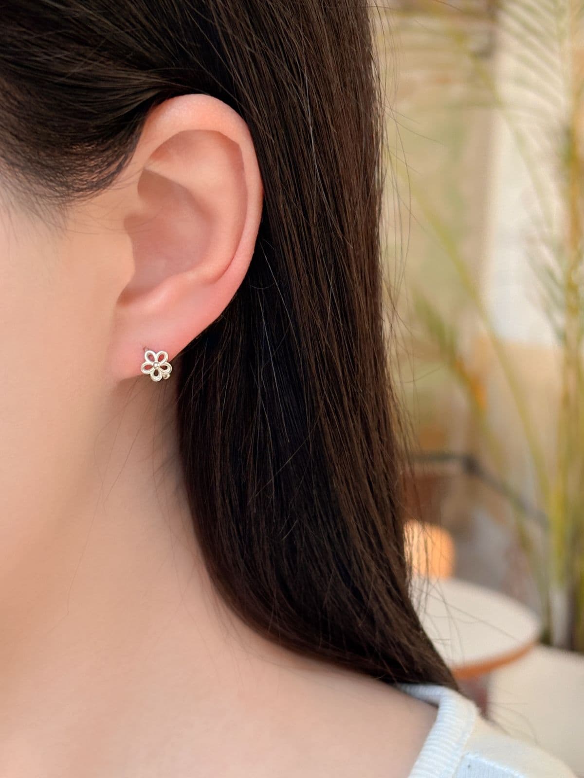 Silver 925 Flower Earrings Mini Ring One-Touch Silver Earrings - 이미지 4