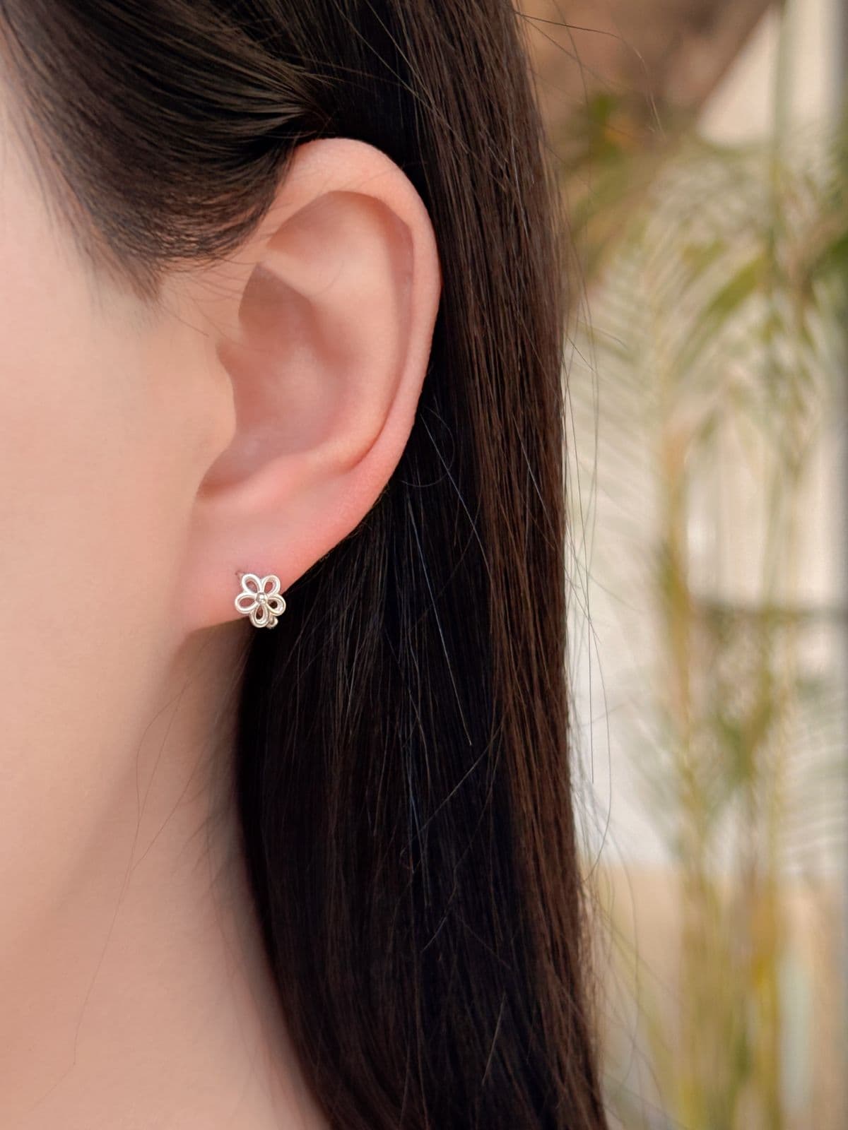 Silver 925 Flower Earrings Mini Ring One-Touch Silver Earrings - 이미지 3