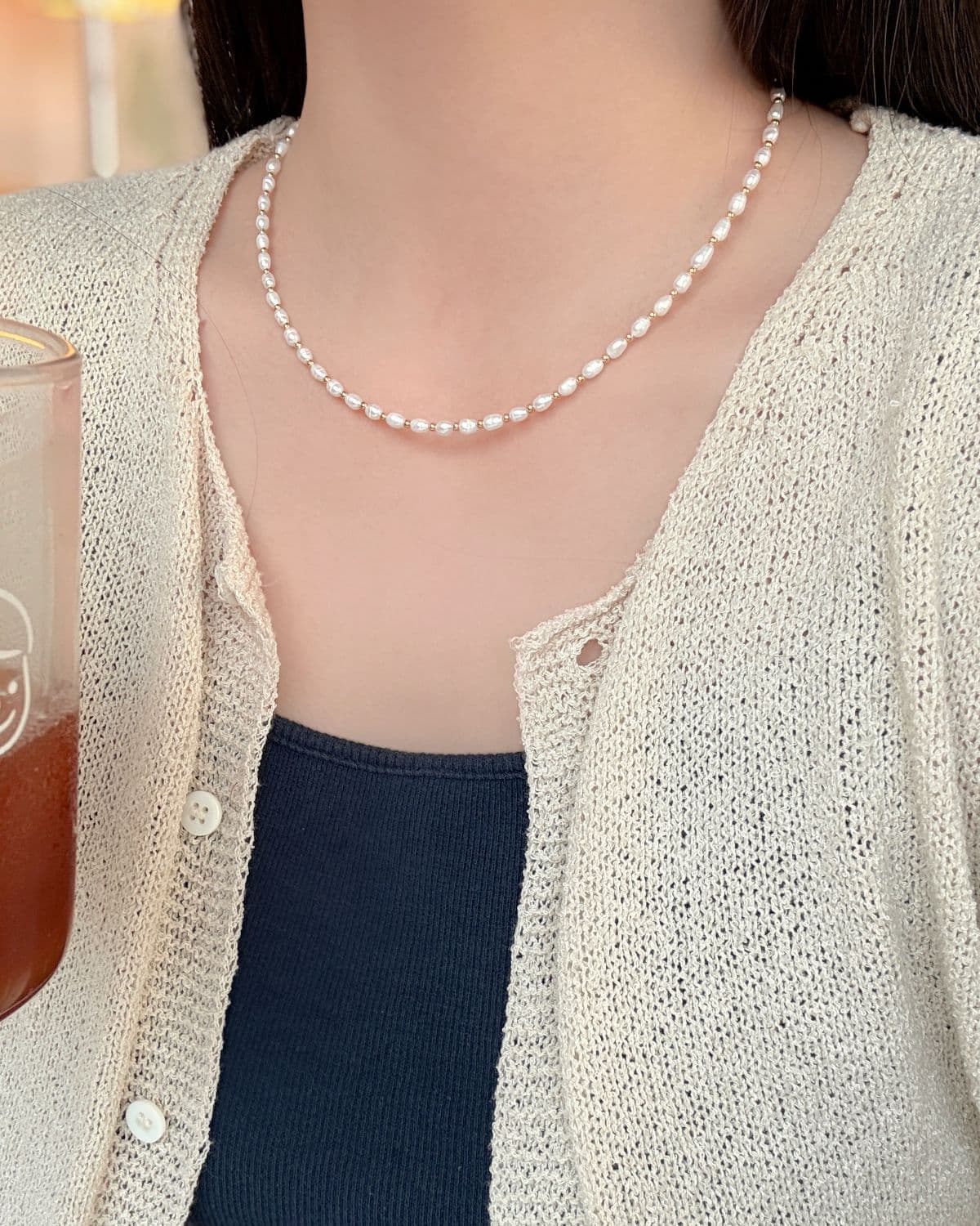 Silver 925 Freshwater Pearl Oval Pearl Silver Ball Necklace - 이미지 7