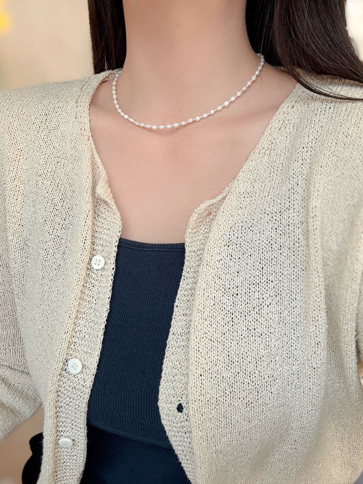 Silver 925 Freshwater Pearl Oval Pearl Silver Ball Necklace - 이미지 5